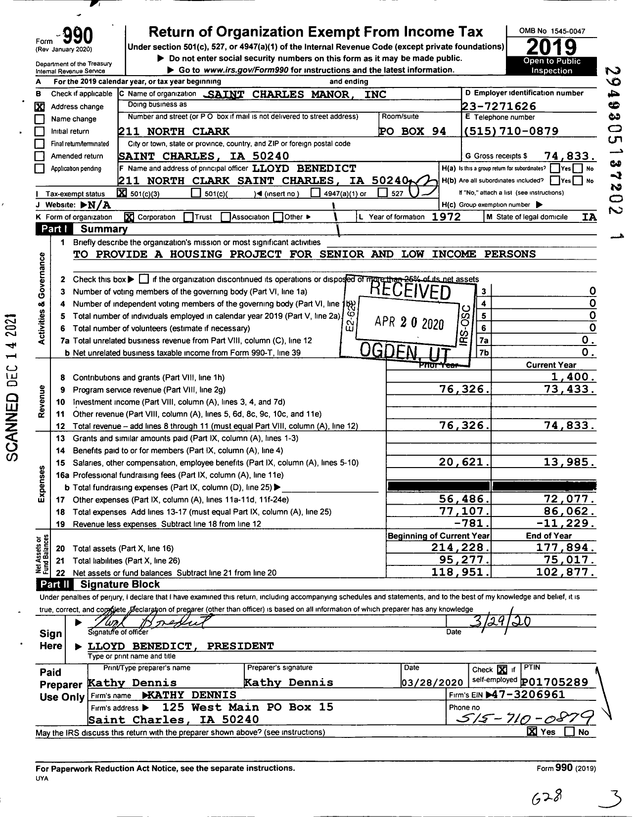 Image of first page of 2019 Form 990 for St Charles Manor