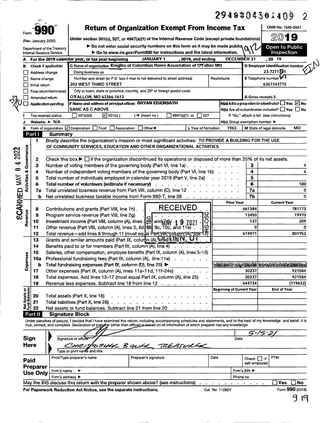 Image of first page of 2019 Form 990O for Knights of Columbus Home Association of Ofallon Missouri