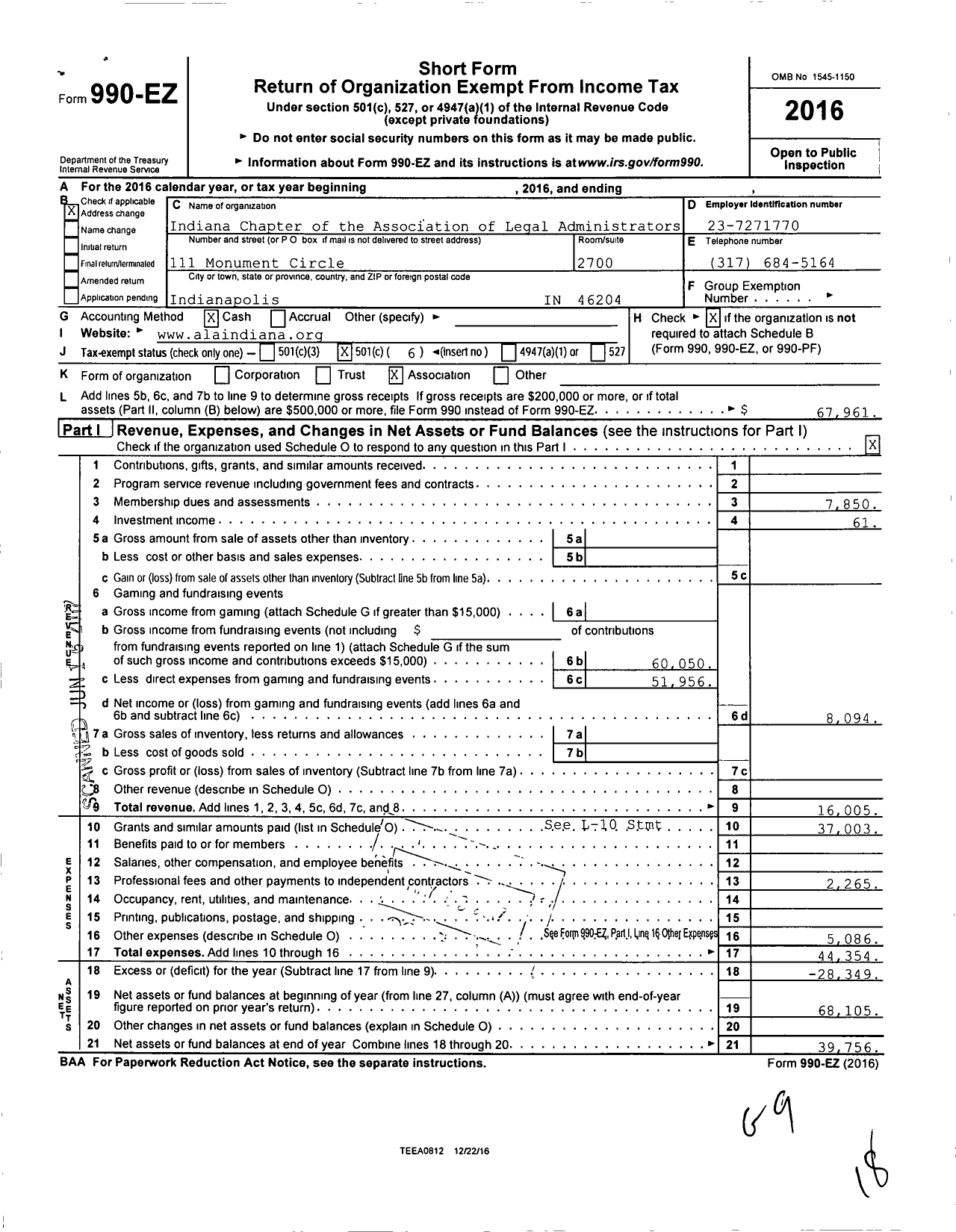 Image of first page of 2016 Form 990EO for Indiana Chapter of the Association of Legal Administrators