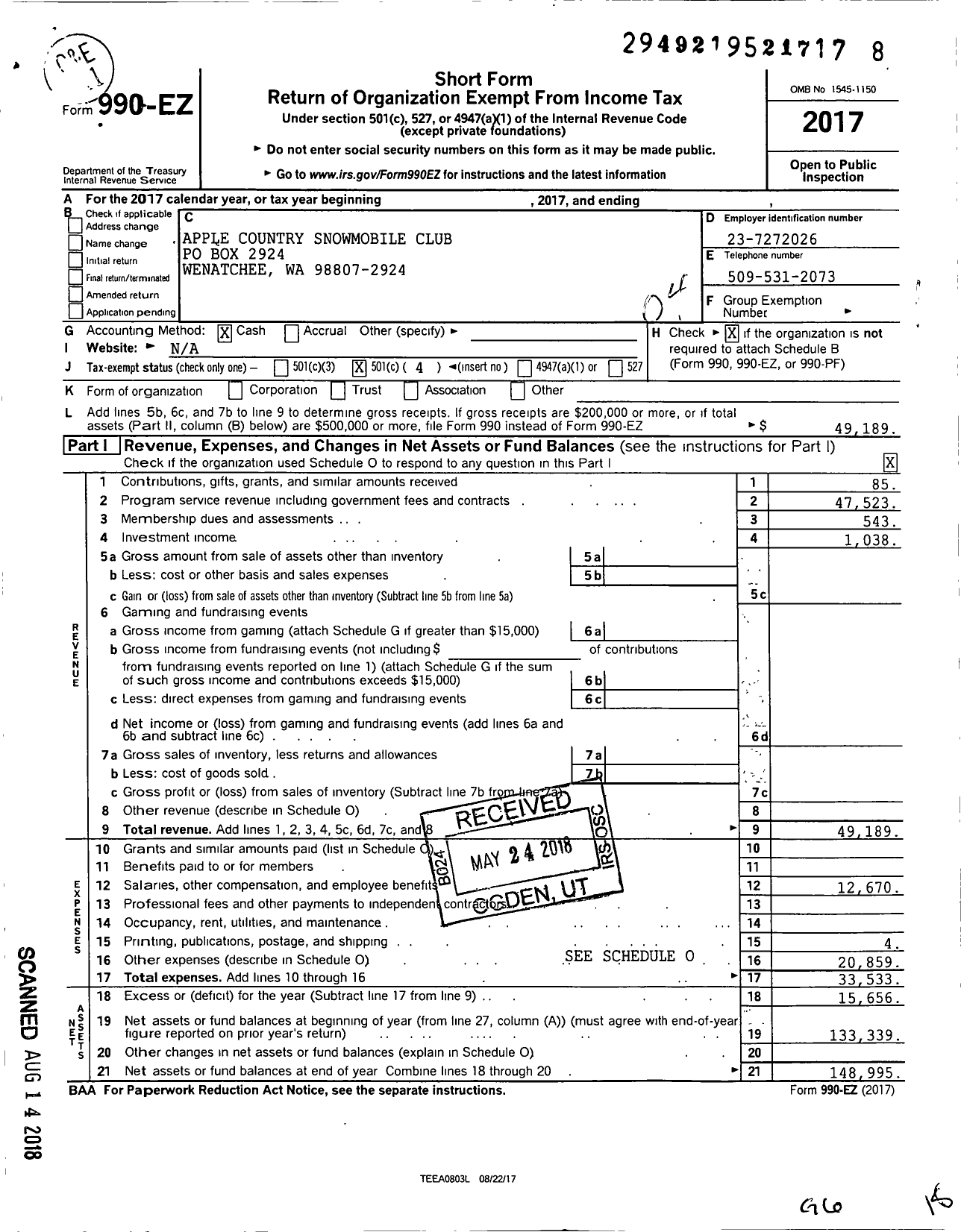 Image of first page of 2017 Form 990EO for Apple Country Snowmobile Club