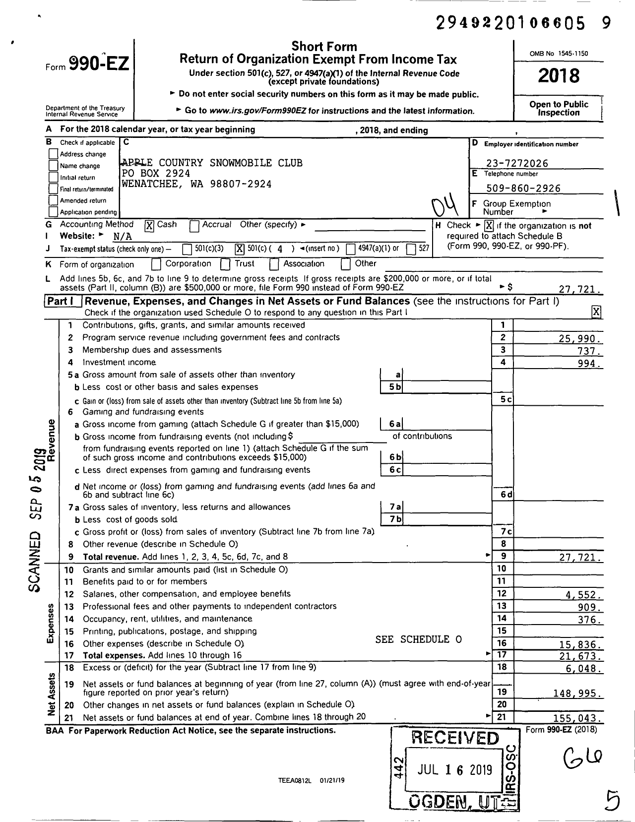 Image of first page of 2018 Form 990EO for Apple Country Snowmobile Club