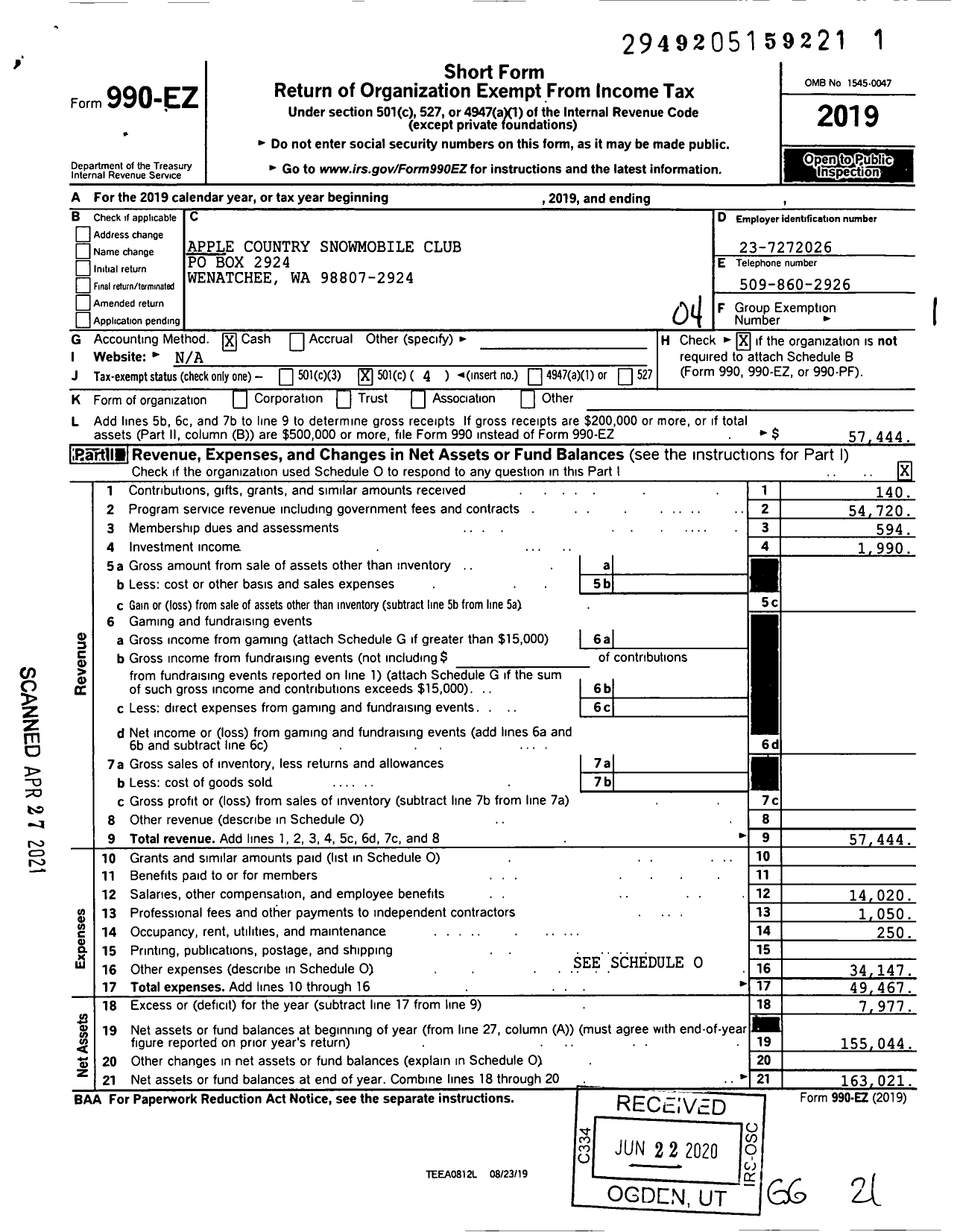 Image of first page of 2019 Form 990EO for Apple Country Snowmobile Club