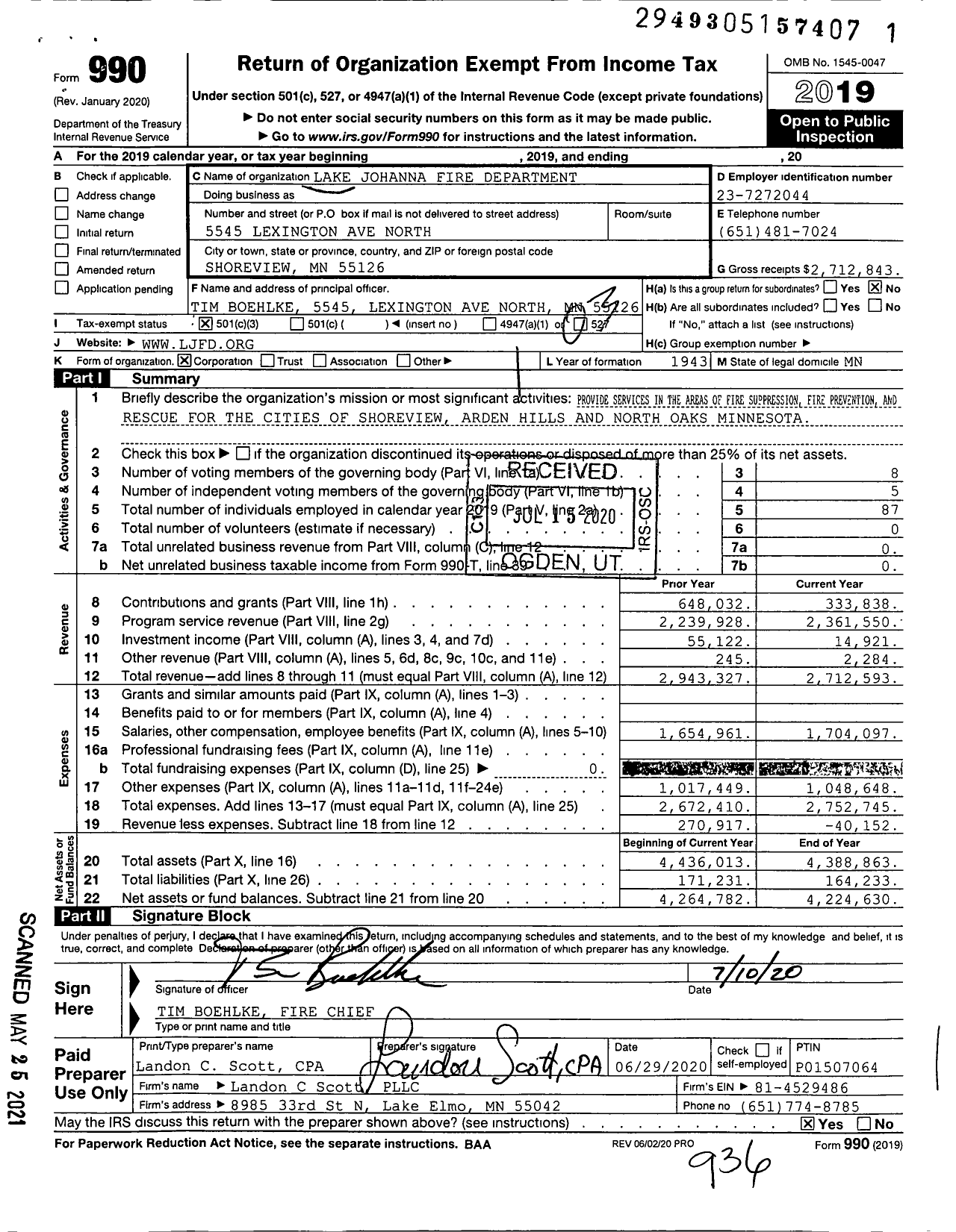 Image of first page of 2019 Form 990 for Lake Johanna Fire Department