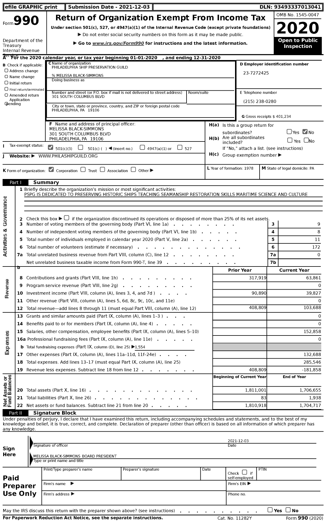 Image of first page of 2020 Form 990 for Philadelphia Ship Preservation Guild