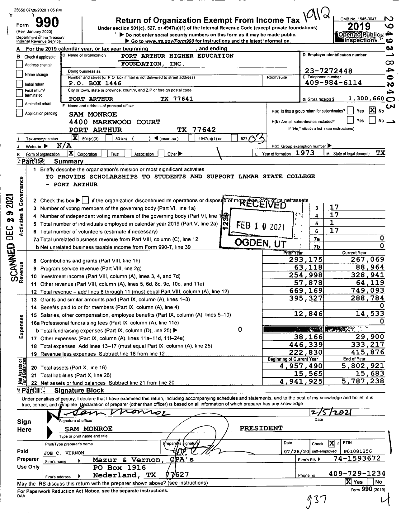 Image of first page of 2019 Form 990 for Port Arthur Higher Education Foundation