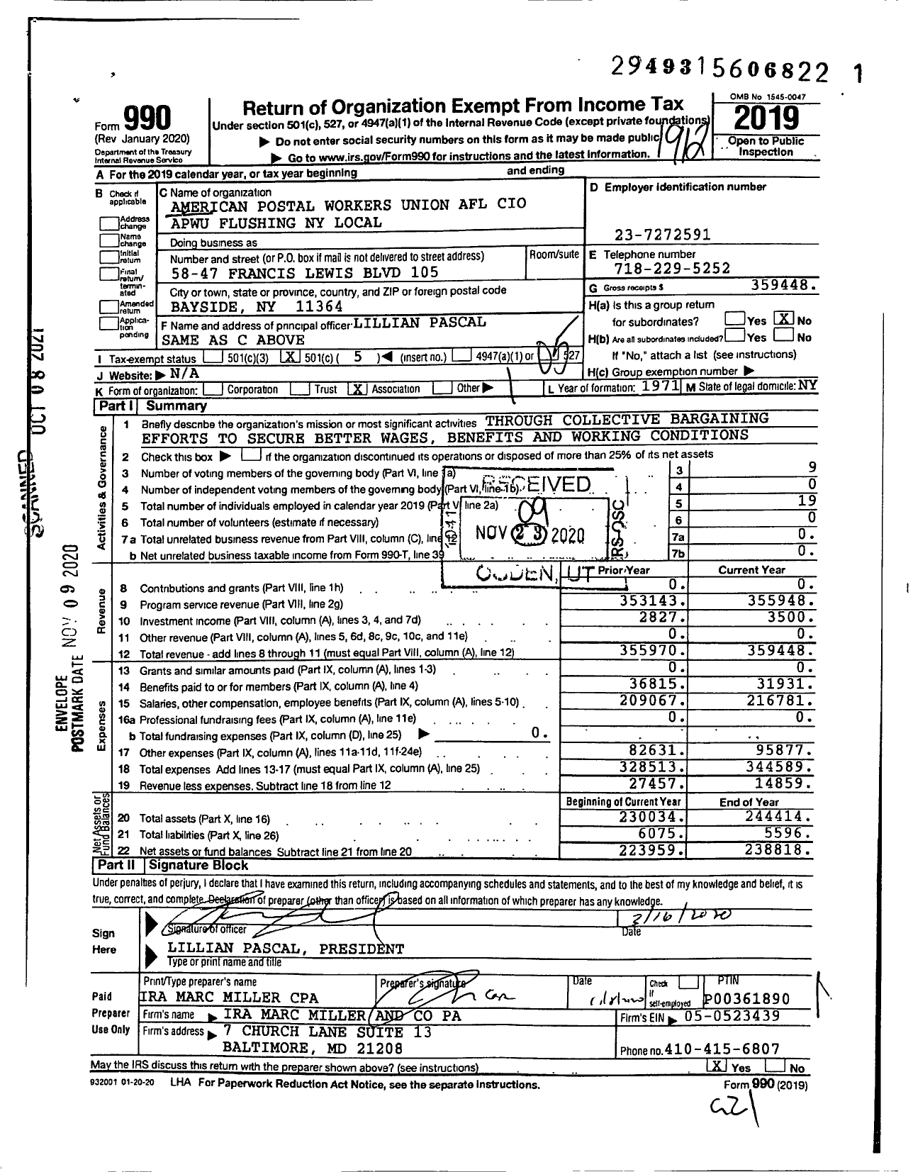 Image of first page of 2019 Form 990O for American Postal Workers Union - 2286 Flushing Local