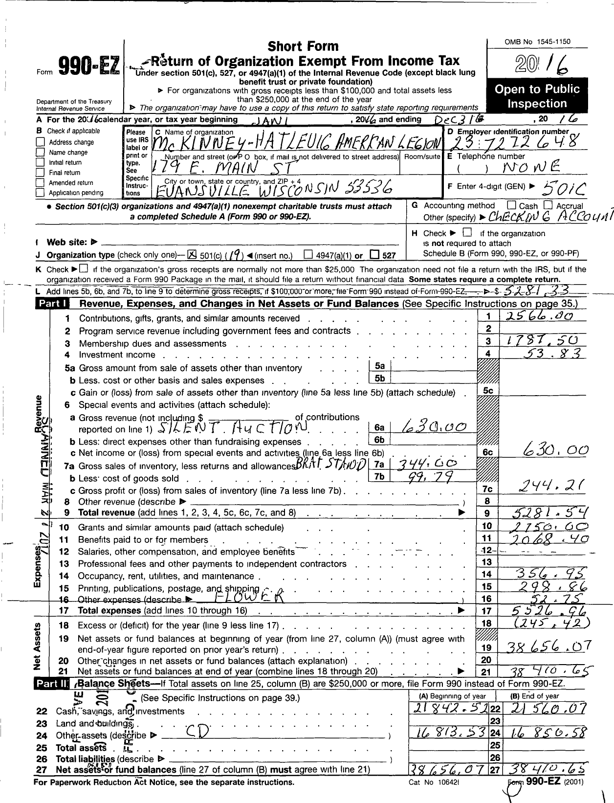 Image of first page of 2016 Form 990EO for American Legion - 0035 Mckinney-Hatlevig Post