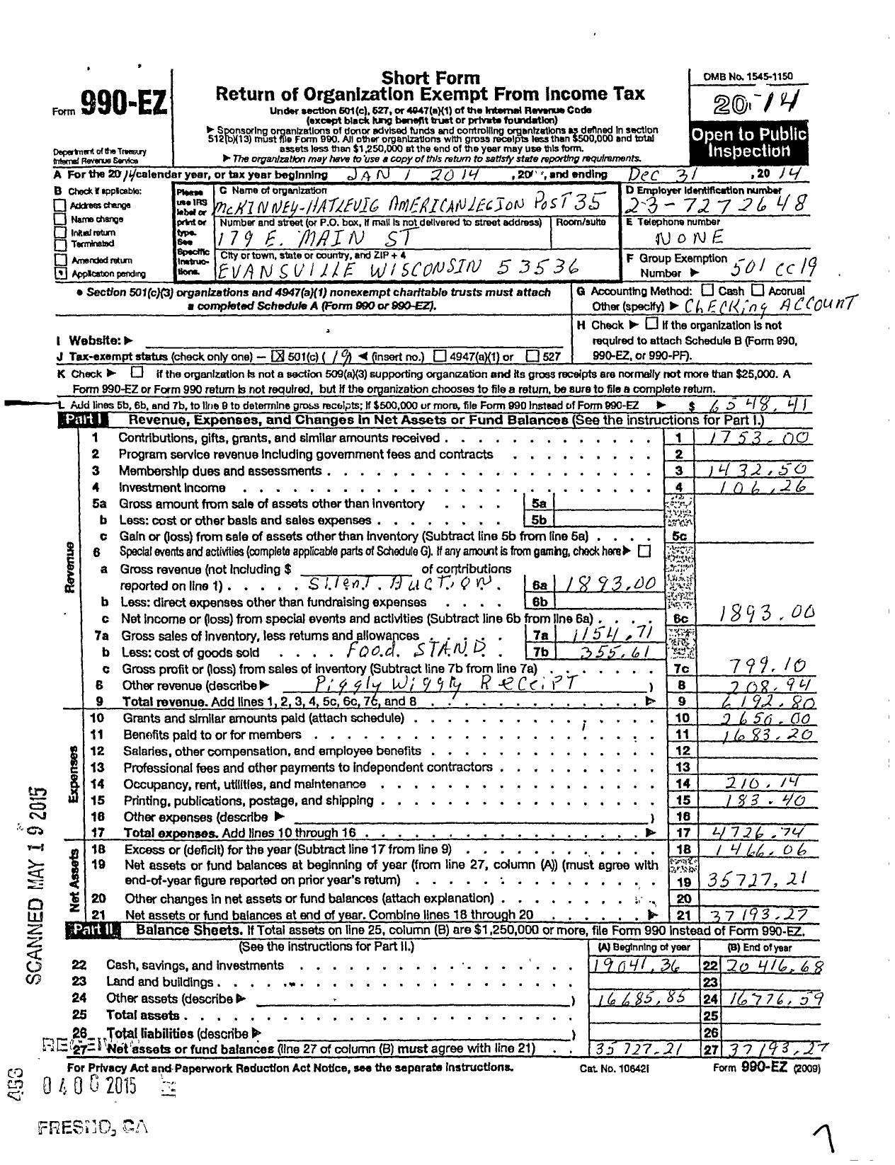 Image of first page of 2014 Form 990EO for American Legion - 0035 Mckinney-Hatlevig Post