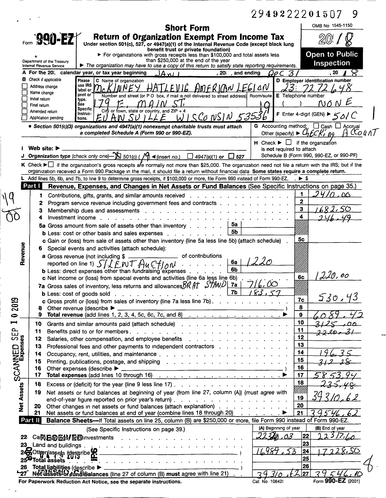 Image of first page of 2018 Form 990EO for American Legion - 0035 Mckinney-Hatlevig Post