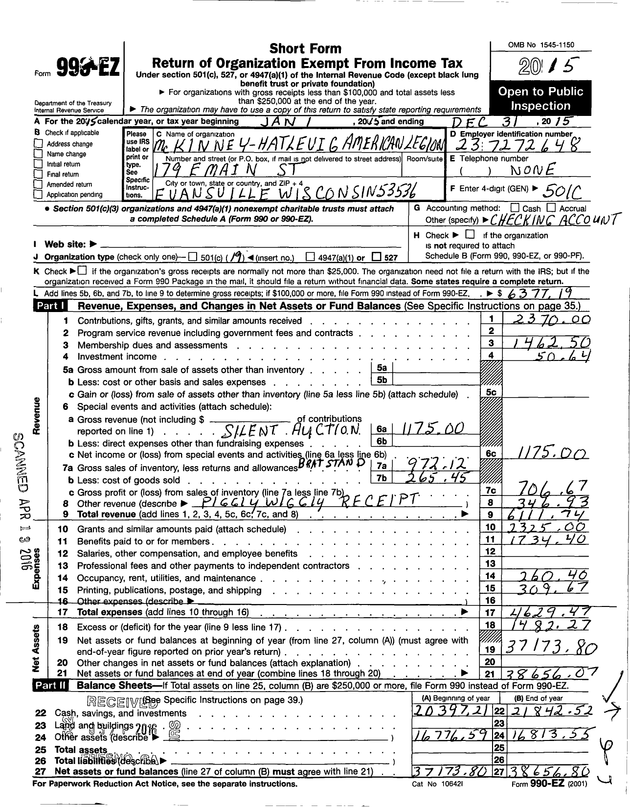 Image of first page of 2015 Form 990EO for American Legion - 0035 Mckinney-Hatlevig Post