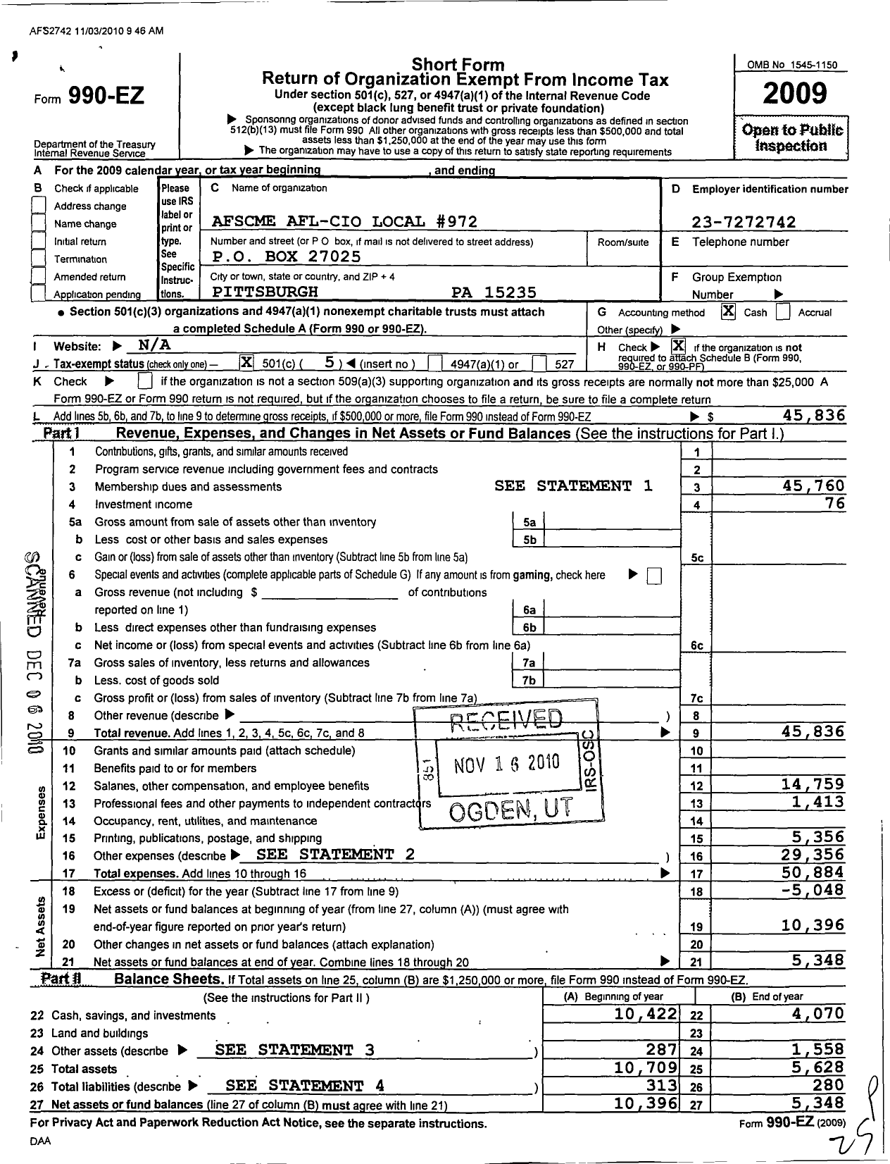 Image of first page of 2009 Form 990EO for American Federation of State County & Municipal Employees - L0972pa St Audit Genl Ofc Treas Dep