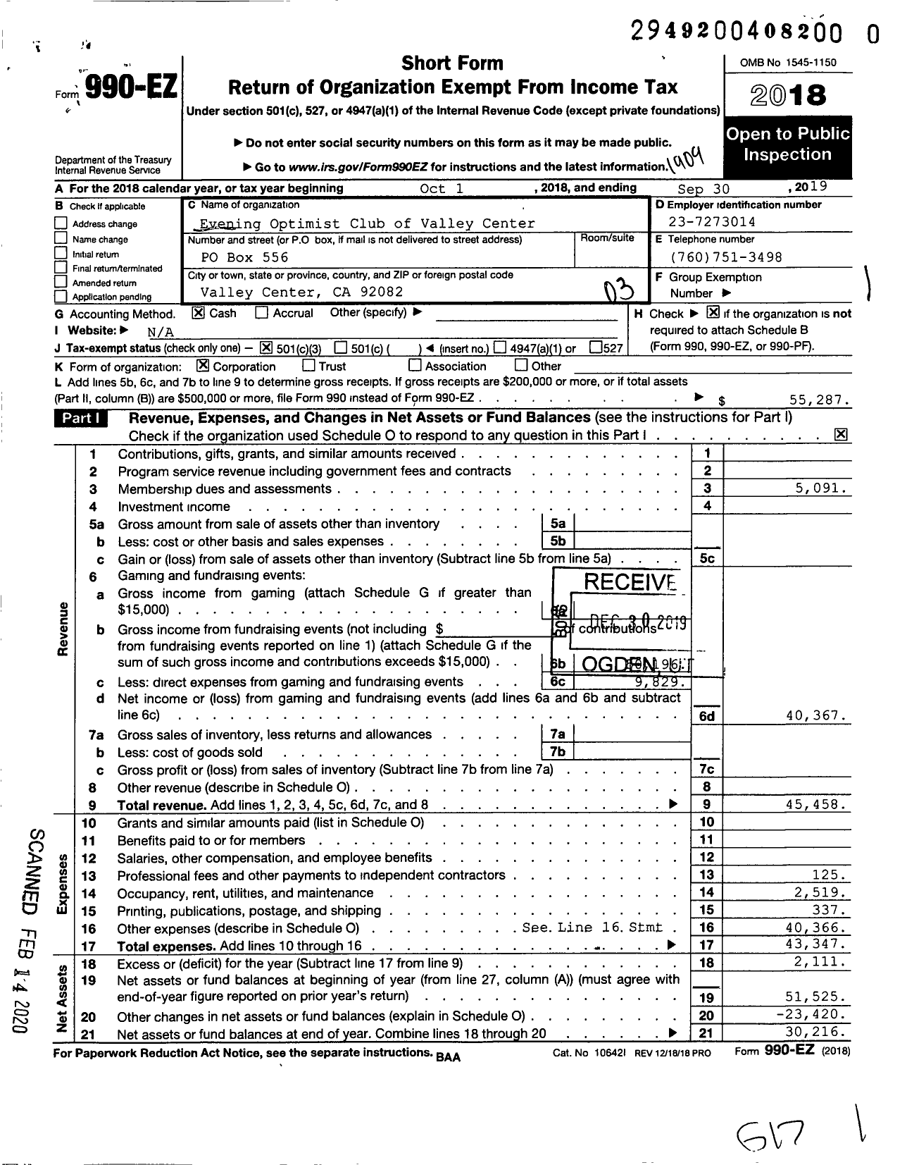 Image of first page of 2018 Form 990EZ for Optimist International - 41142 Optimist Club of Valley Cente