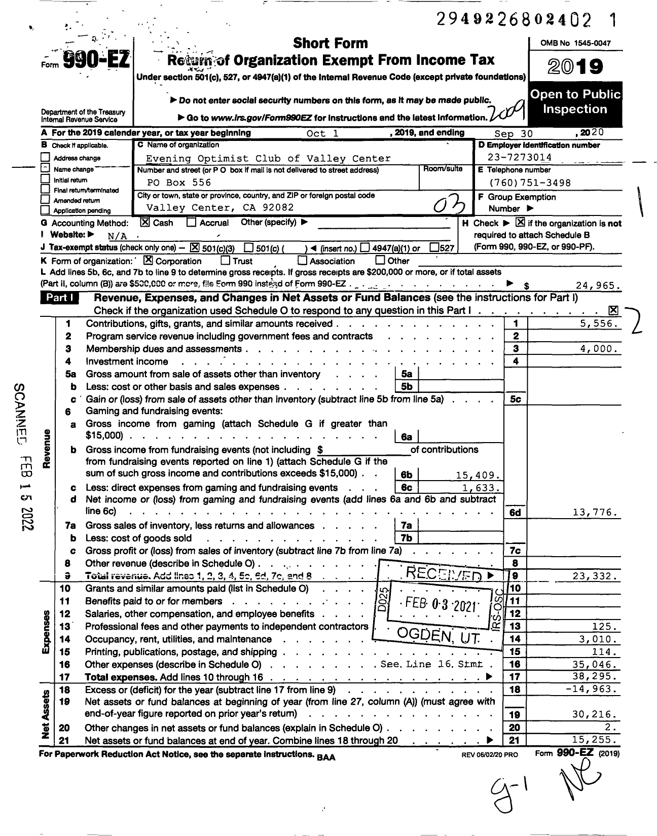 Image of first page of 2019 Form 990EZ for Optimist International - 41142 Optimist Club of Valley Cente