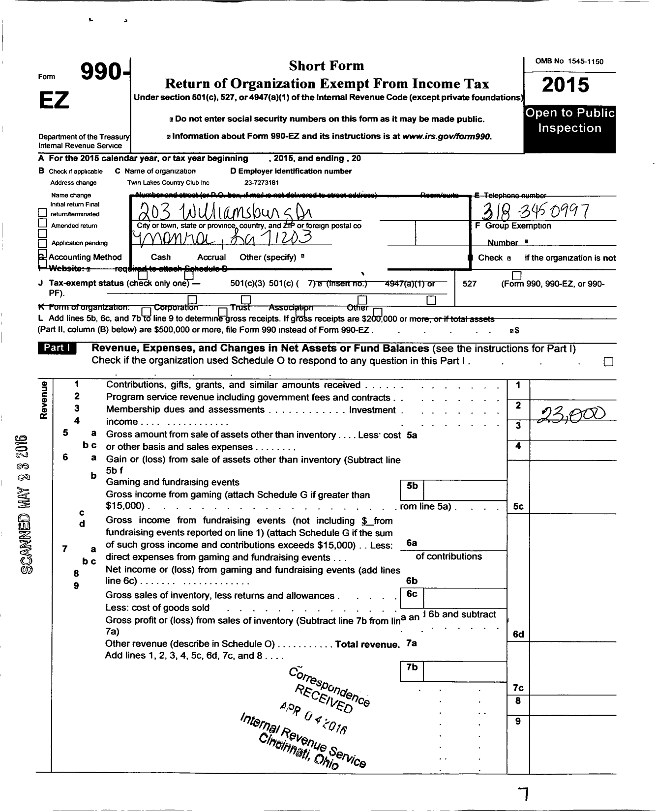 Image of first page of 2015 Form 990EO for Twin Lakes Country Club
