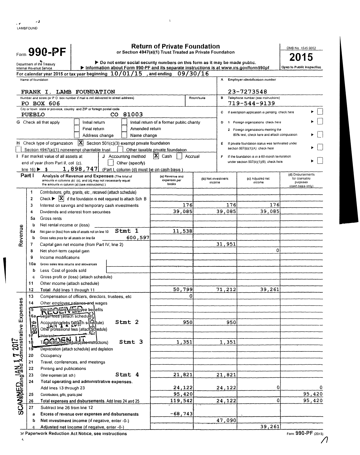 Image of first page of 2015 Form 990PF for Frank I Lamb Foundation