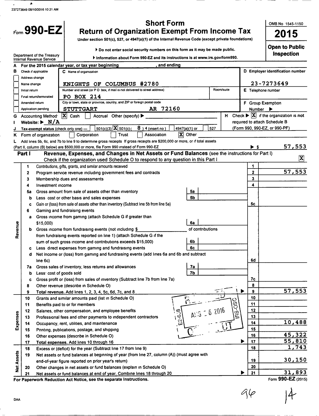 Image of first page of 2015 Form 990EO for Knights of Columbus - 2780 Bishop John B Morris Council