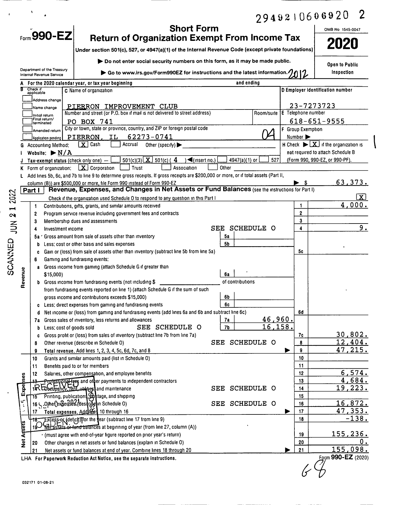 Image of first page of 2020 Form 990EO for Pierron Improvement Club