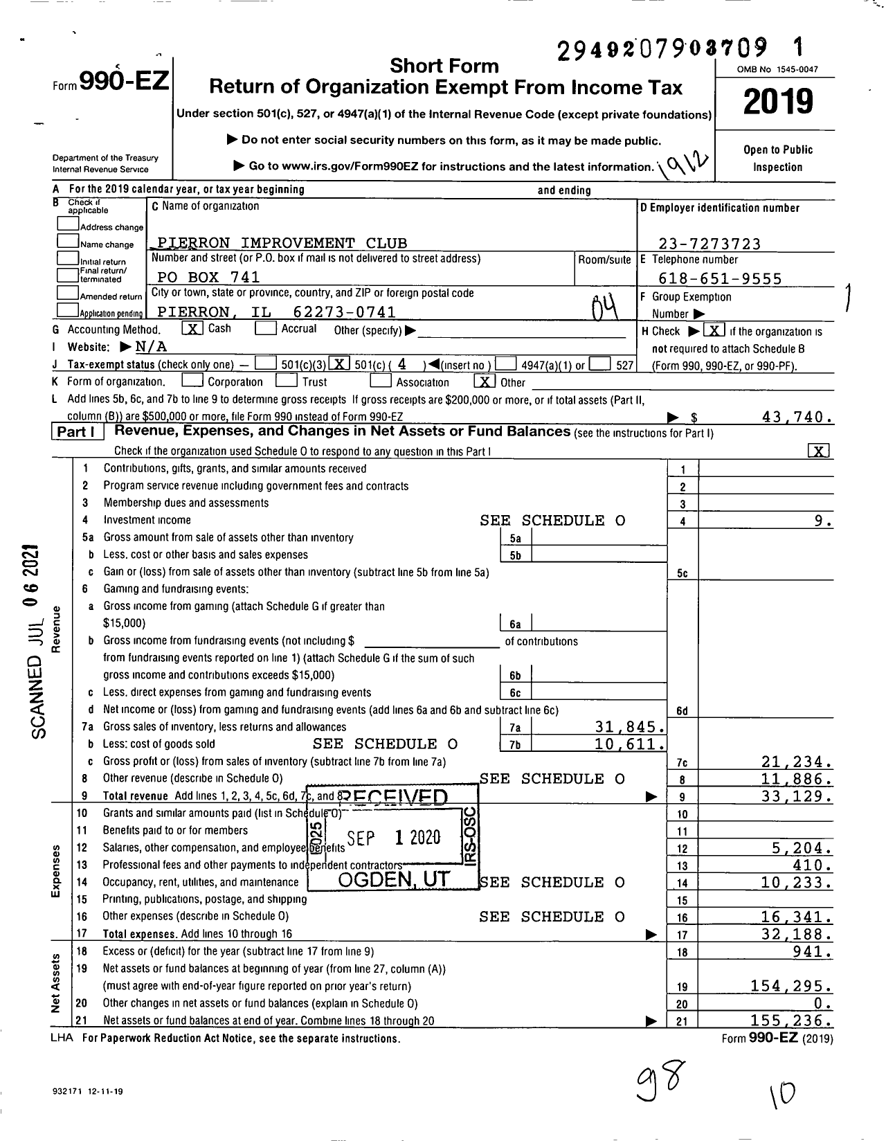 Image of first page of 2019 Form 990EO for Pierron Improvement Club