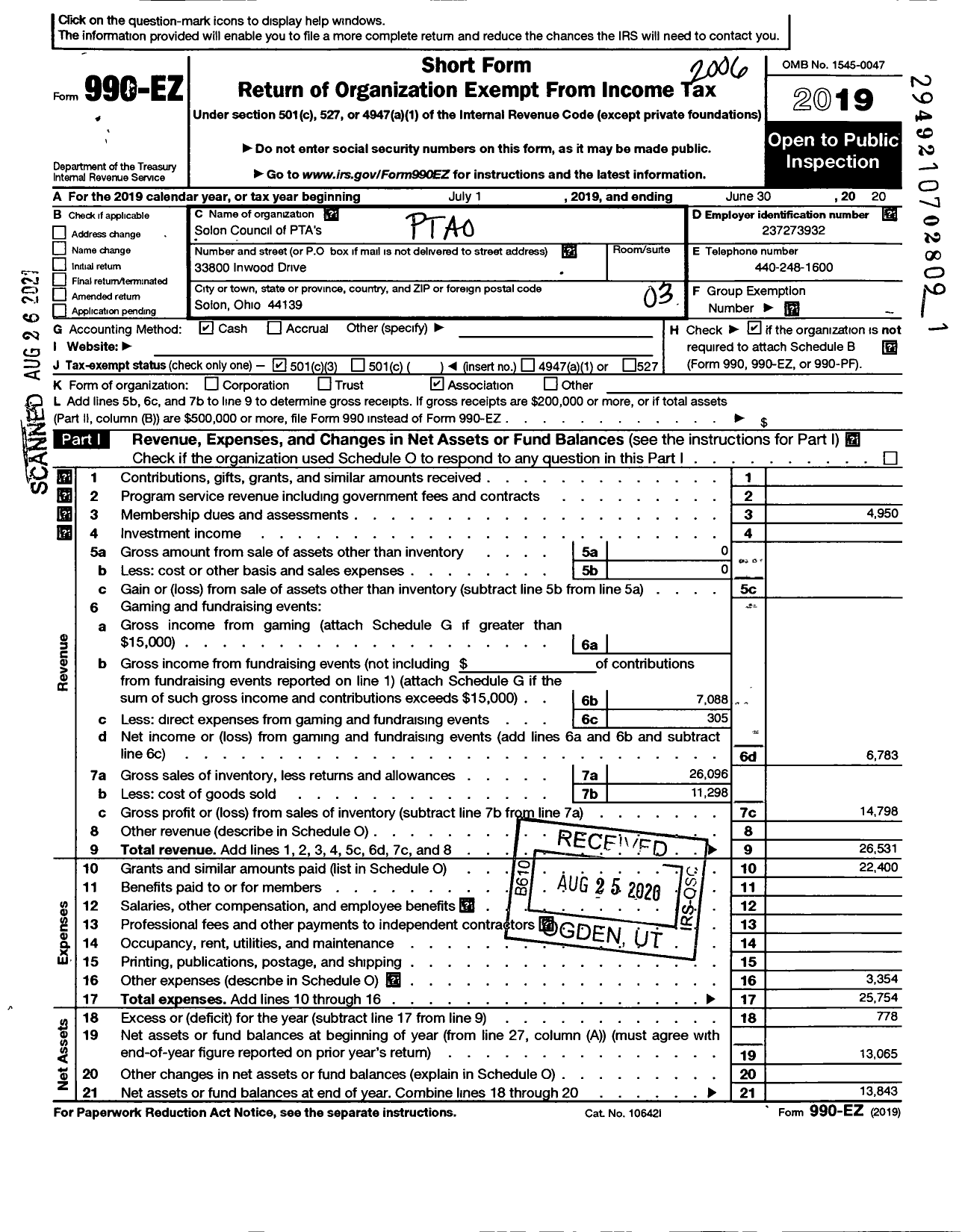 Image of first page of 2019 Form 990EZ for Solon Council of PTA S