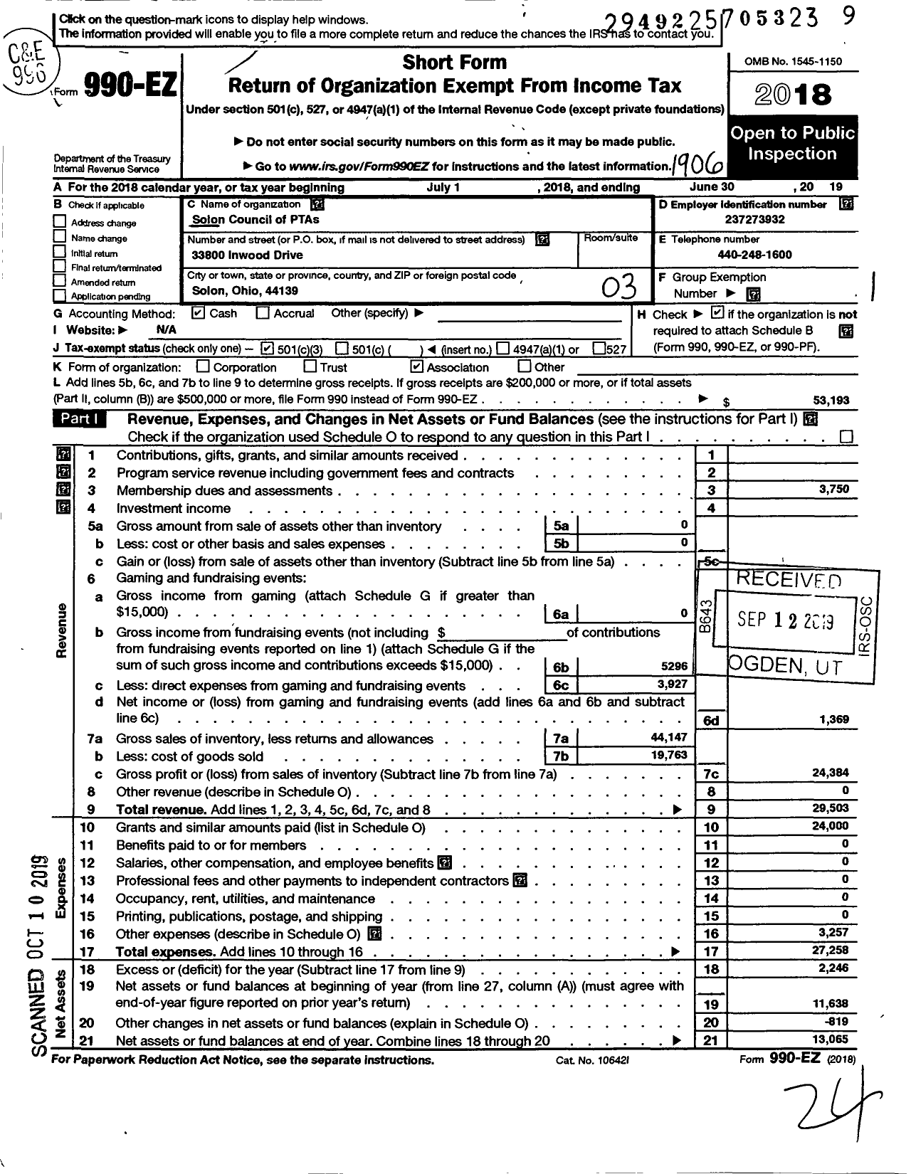 Image of first page of 2018 Form 990EZ for Solon Council of PTA S