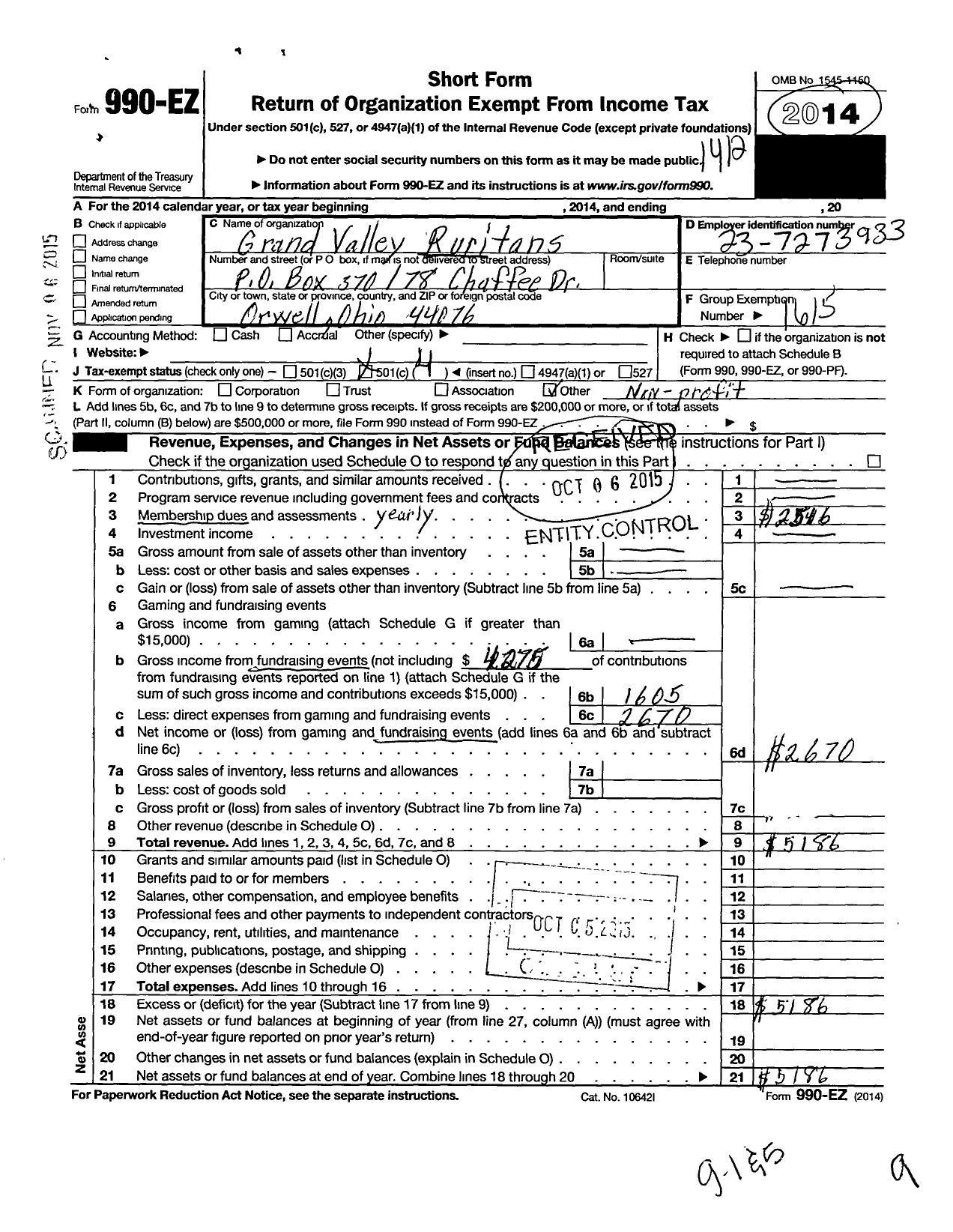 Image of first page of 2014 Form 990EO for Ruritan - Grand Valley