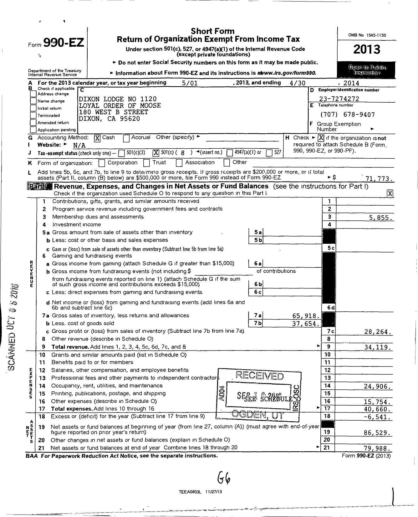 Image of first page of 2013 Form 990EO for DIXON LODGE NO 1120 loyal order of moose