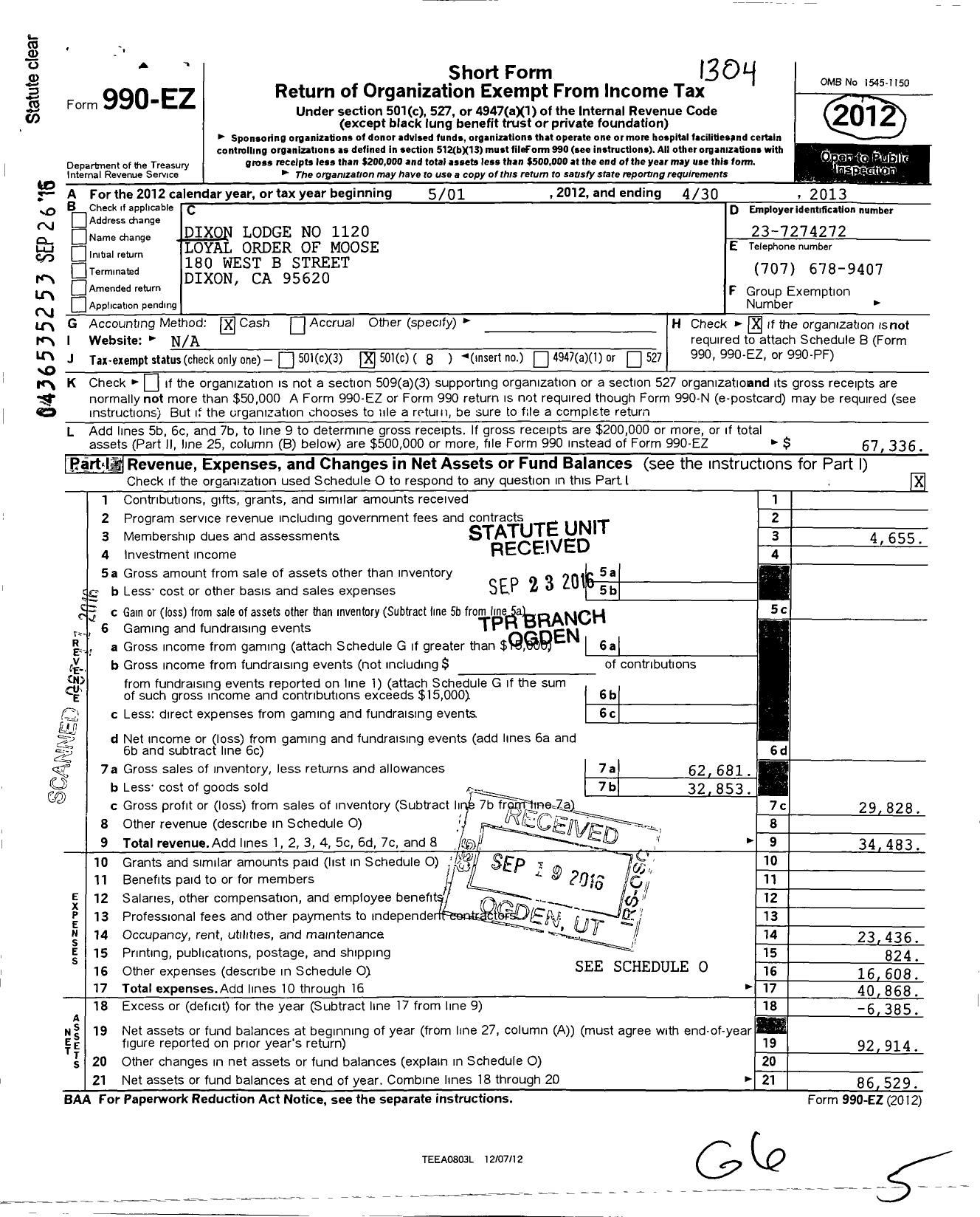 Image of first page of 2012 Form 990EO for DIXON LODGE NO 1120 loyal order of moose