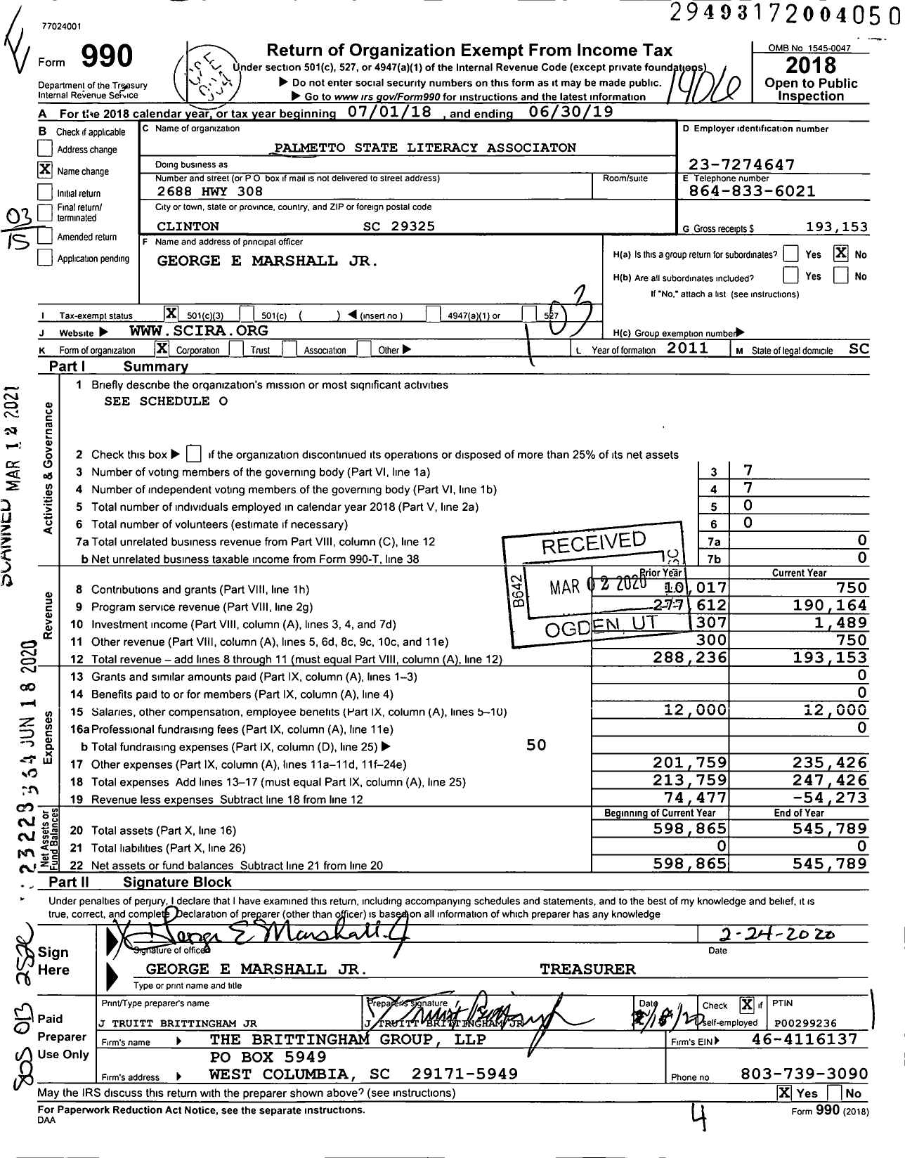 Image of first page of 2018 Form 990 for Palmetto State Literacy Associaton