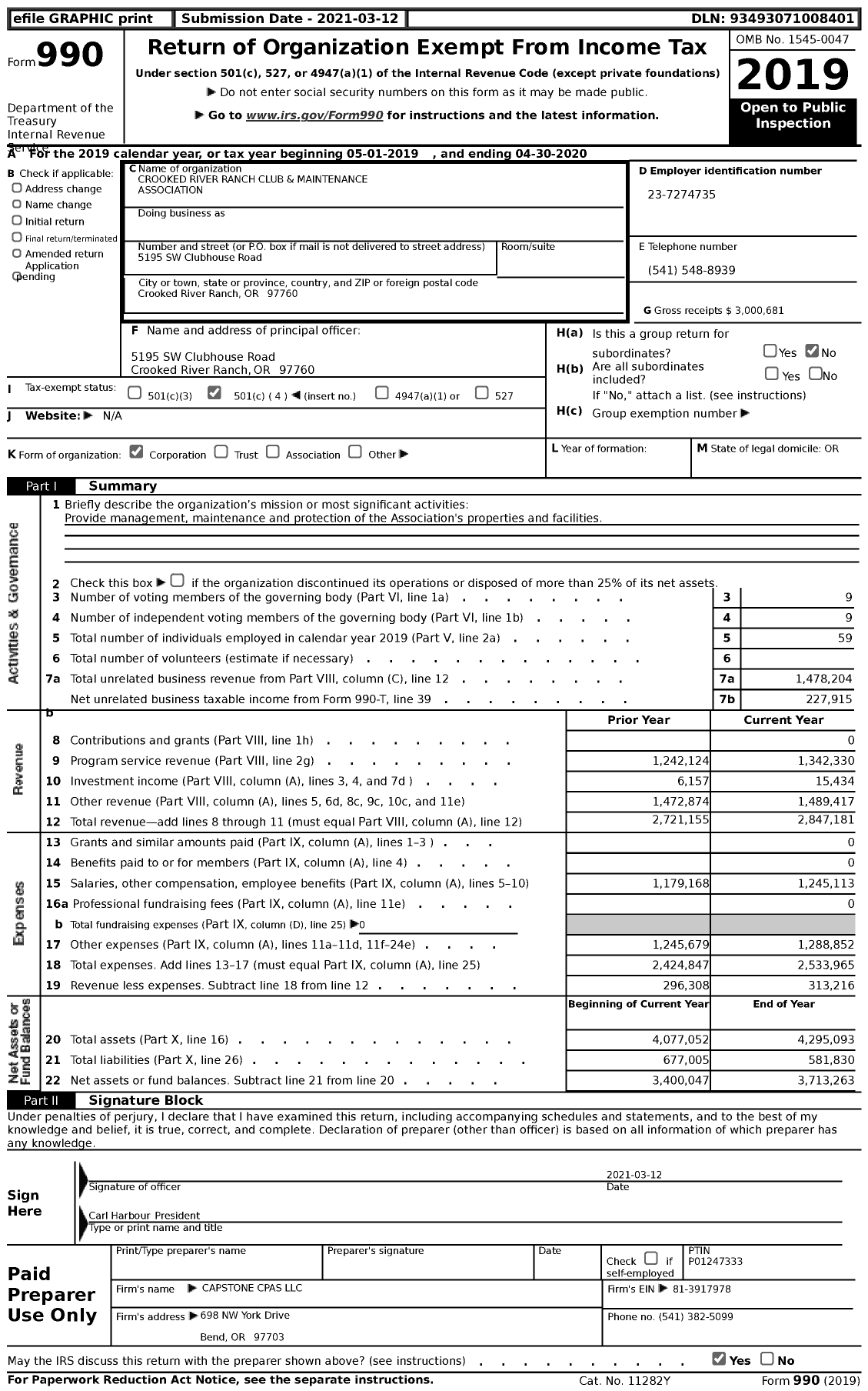Image of first page of 2019 Form 990 for Crooked River Ranch Club and Maintenance Association