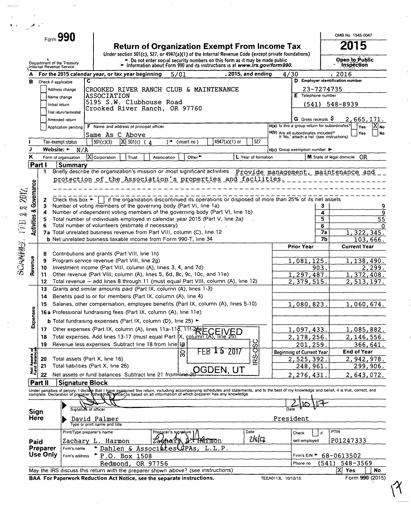 Image of first page of 2015 Form 990O for Crooked River Ranch Club and Maintenance Association