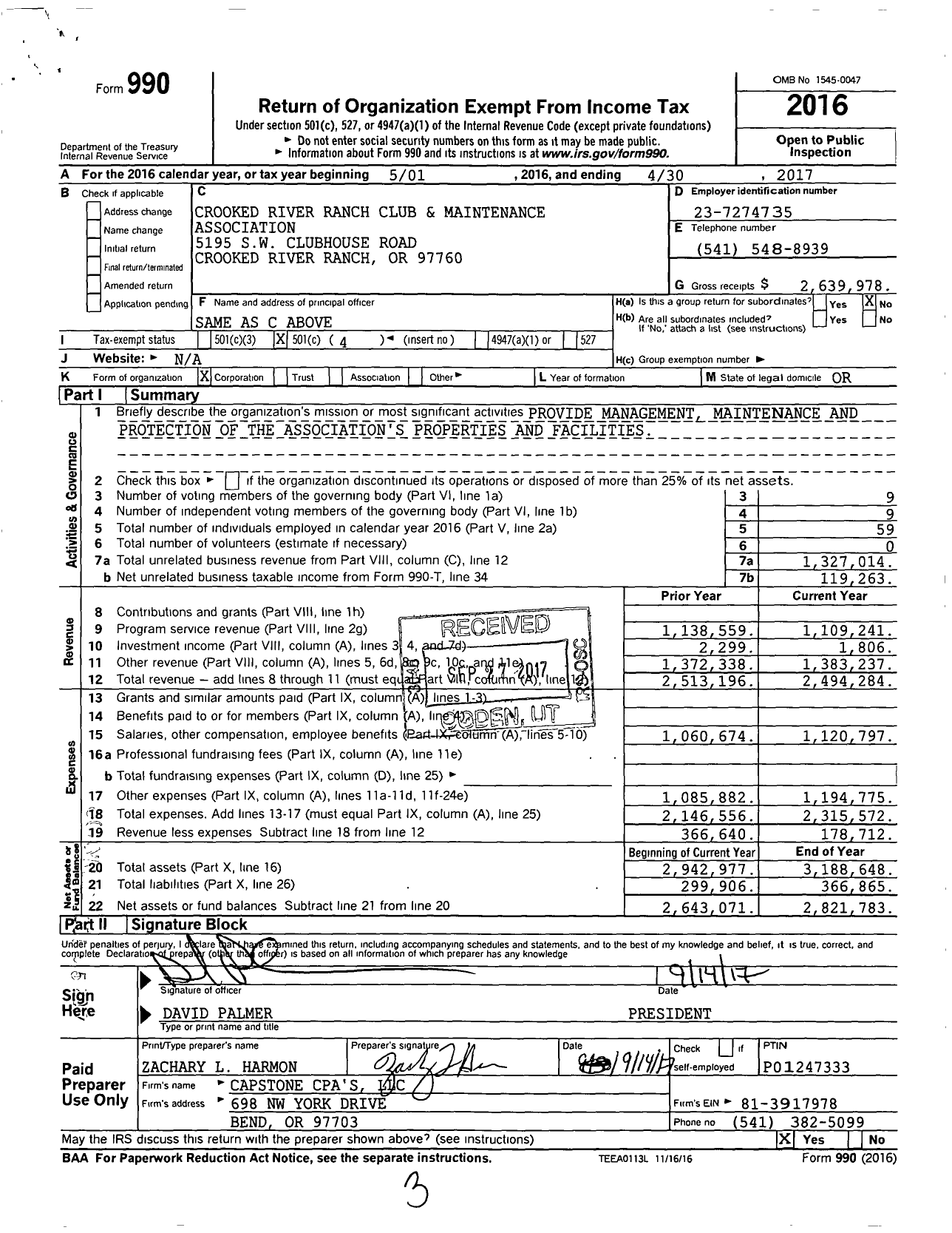 Image of first page of 2016 Form 990O for Crooked River Ranch Club and Maintenance Association