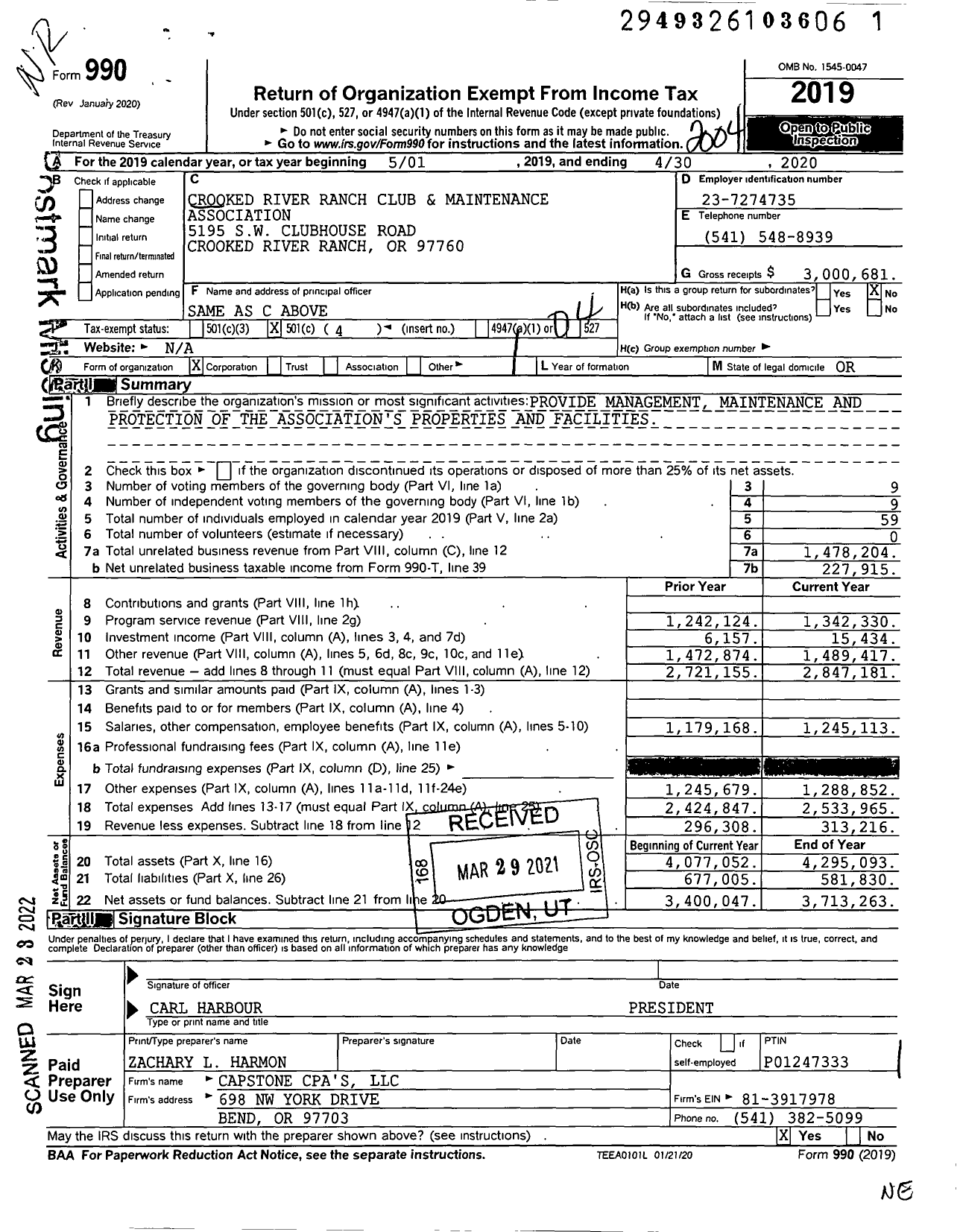 Image of first page of 2019 Form 990O for Crooked River Ranch Club and Maintenance Association