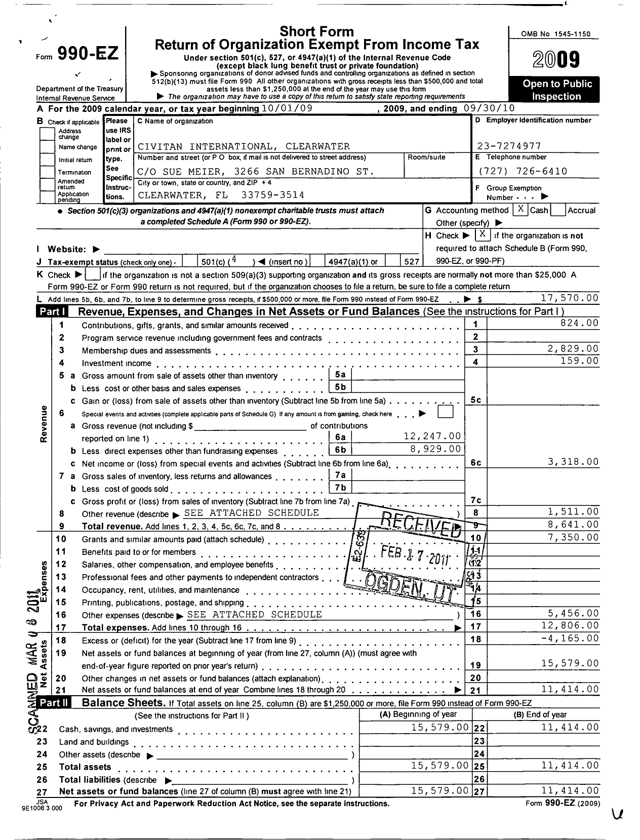 Image of first page of 2009 Form 990EO for Civitan International / Clearwater Inc FL