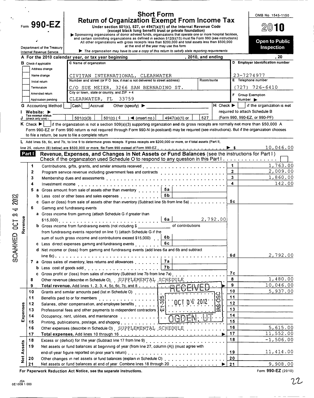 Image of first page of 2010 Form 990EO for Civitan International / Clearwater Inc FL