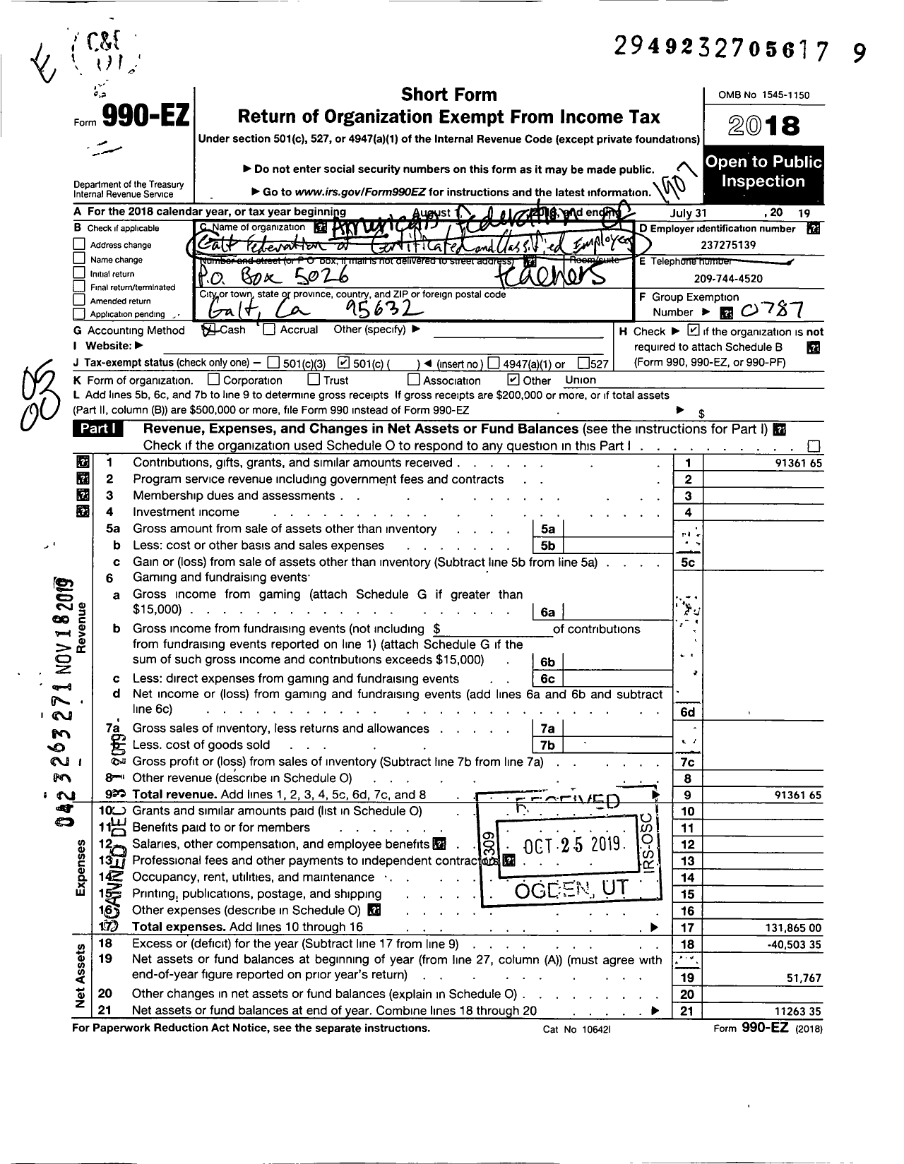 Image of first page of 2018 Form 990EO for AMERICAN FEDERATION of TEACHERS - Galt FEDERATION of Certificated and Classified Employees