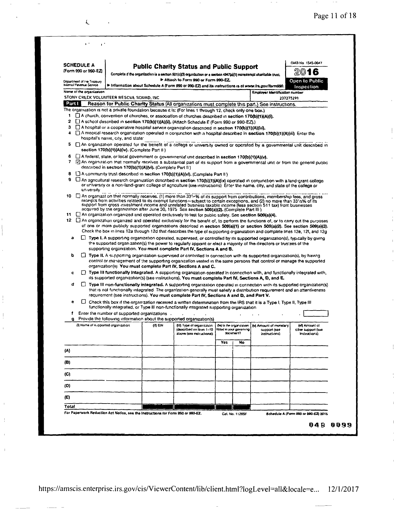 Image of first page of 2016 Form 990ER for Stony Creek Volunteer Rescue Squad