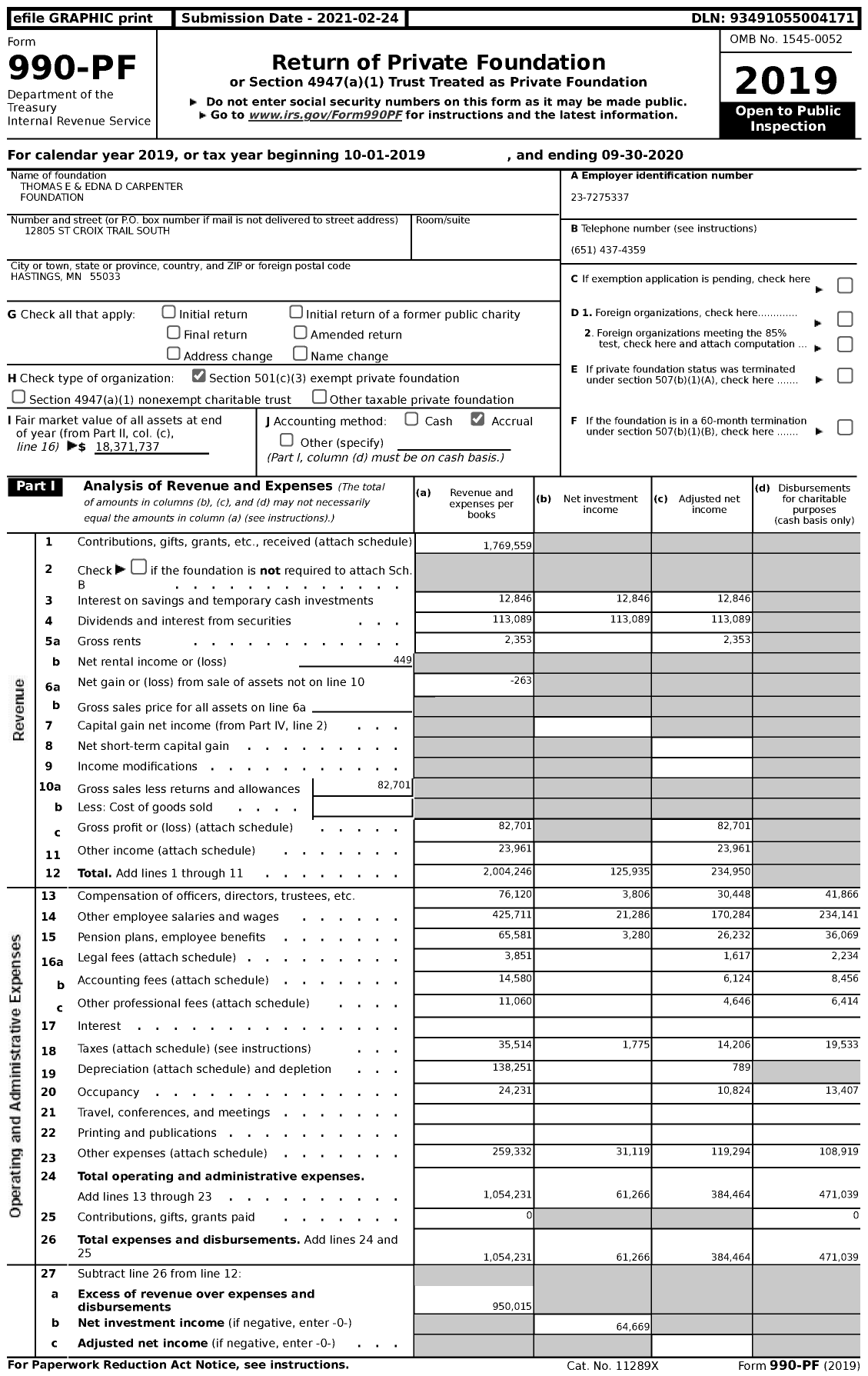 Image of first page of 2019 Form 990PF for Thomas E and Edna D Carpenter Foundation