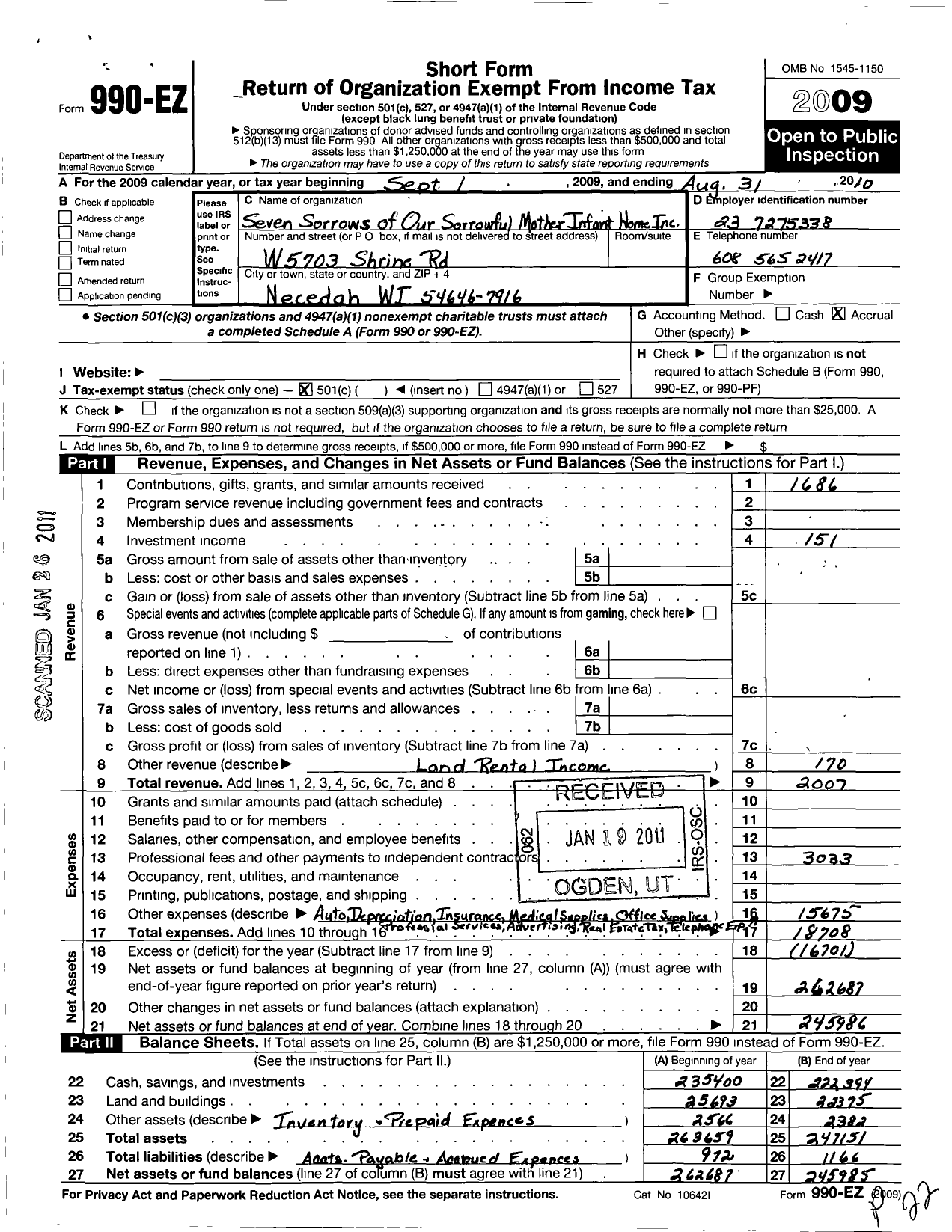 Image of first page of 2009 Form 990EO for Seven Sorrows of Our Sorrowful Mother Infants Home