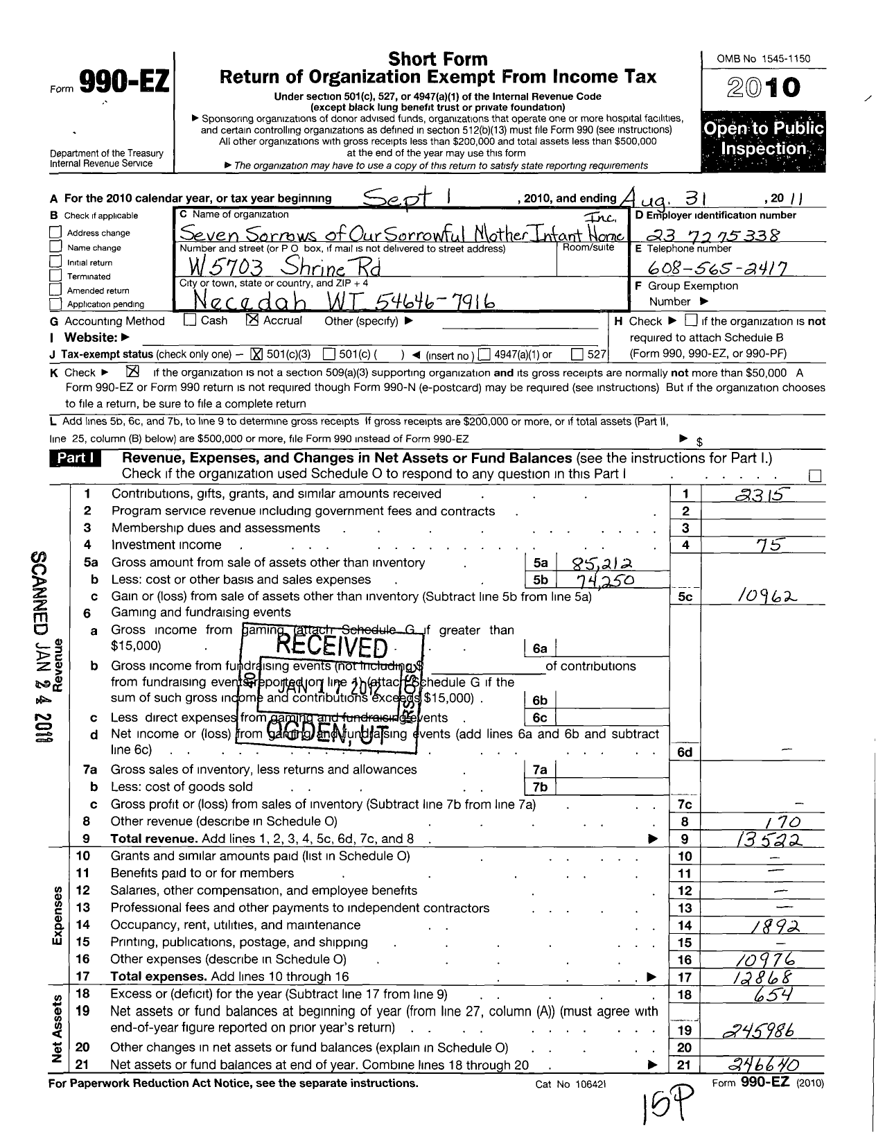 Image of first page of 2010 Form 990EZ for Seven Sorrows of Our Sorrowful Mother Infants Home