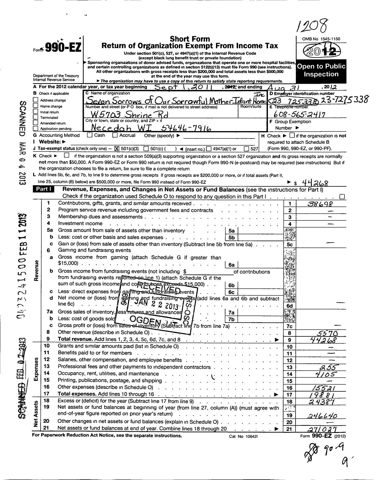 Image of first page of 2011 Form 990EZ for Seven Sorrows of Our Sorrowful Mother Infants Home