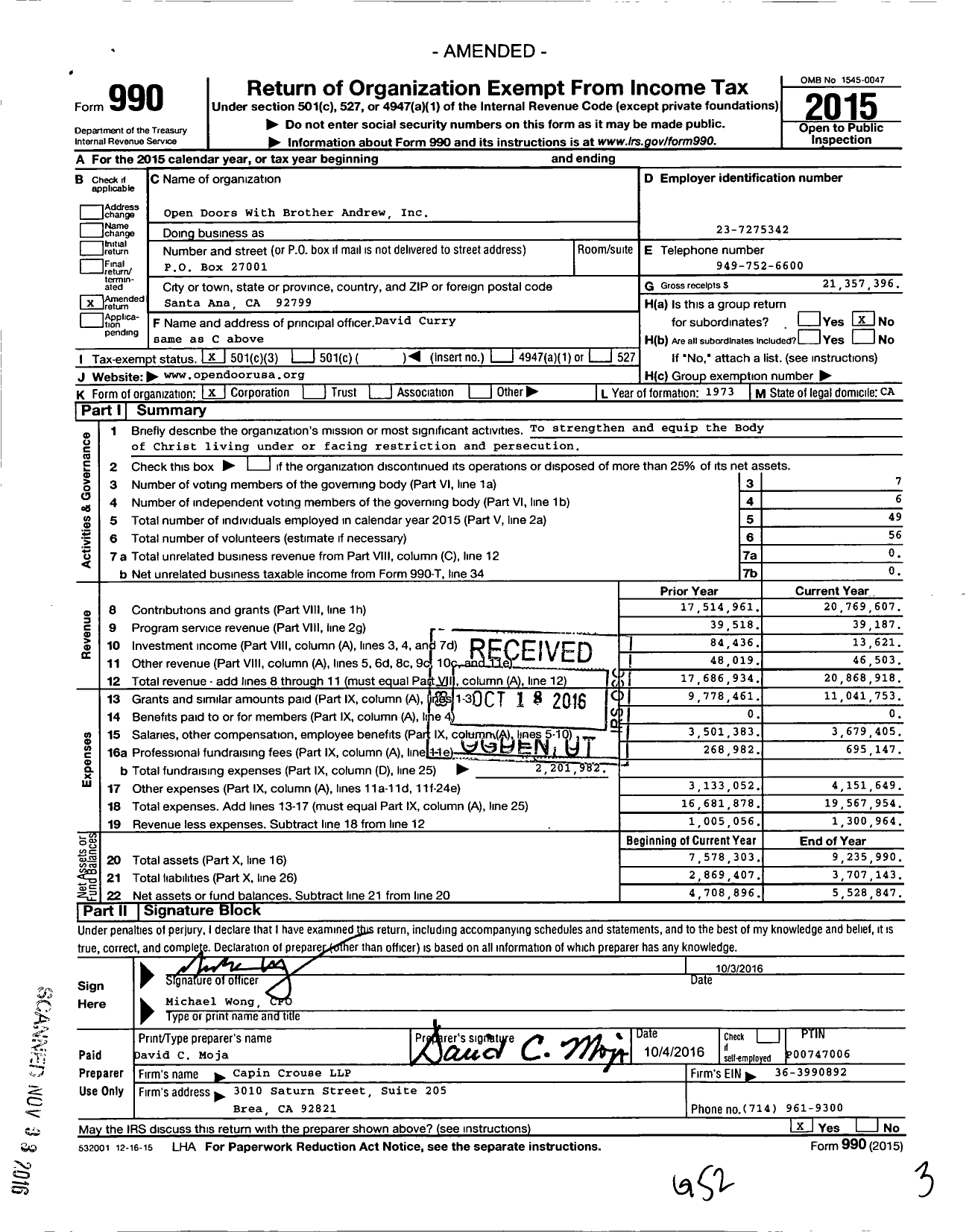 Image of first page of 2015 Form 990 for Global Christian Relief (GCR)