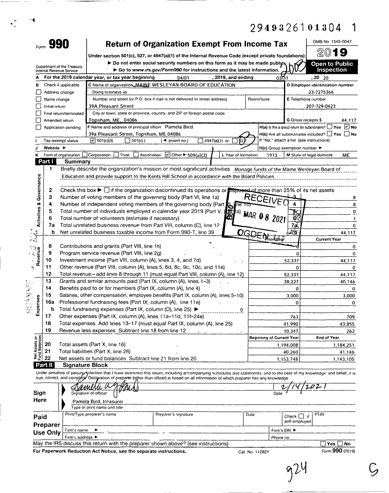 Image of first page of 2019 Form 990 for Maine Wesleyan Board of Education