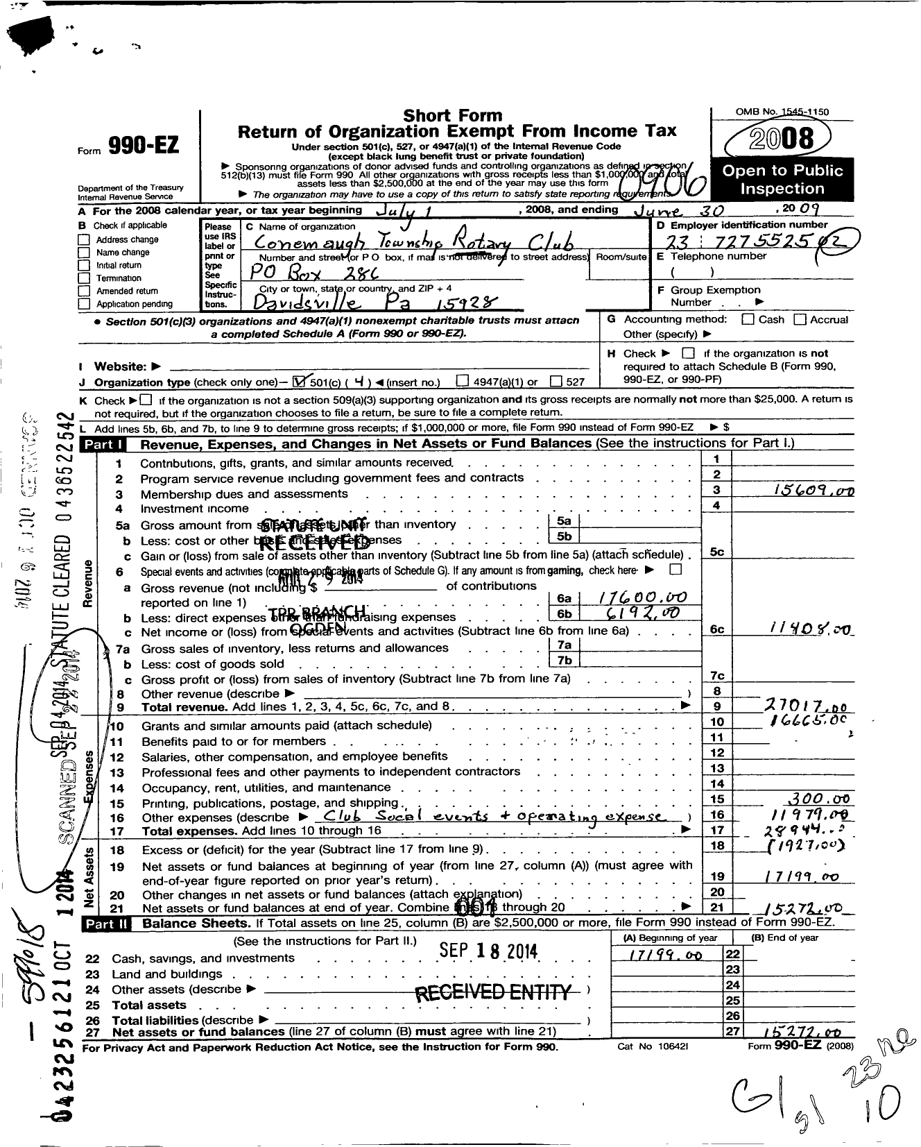 Image of first page of 2008 Form 990EO for Rotary Club of Conemaugh