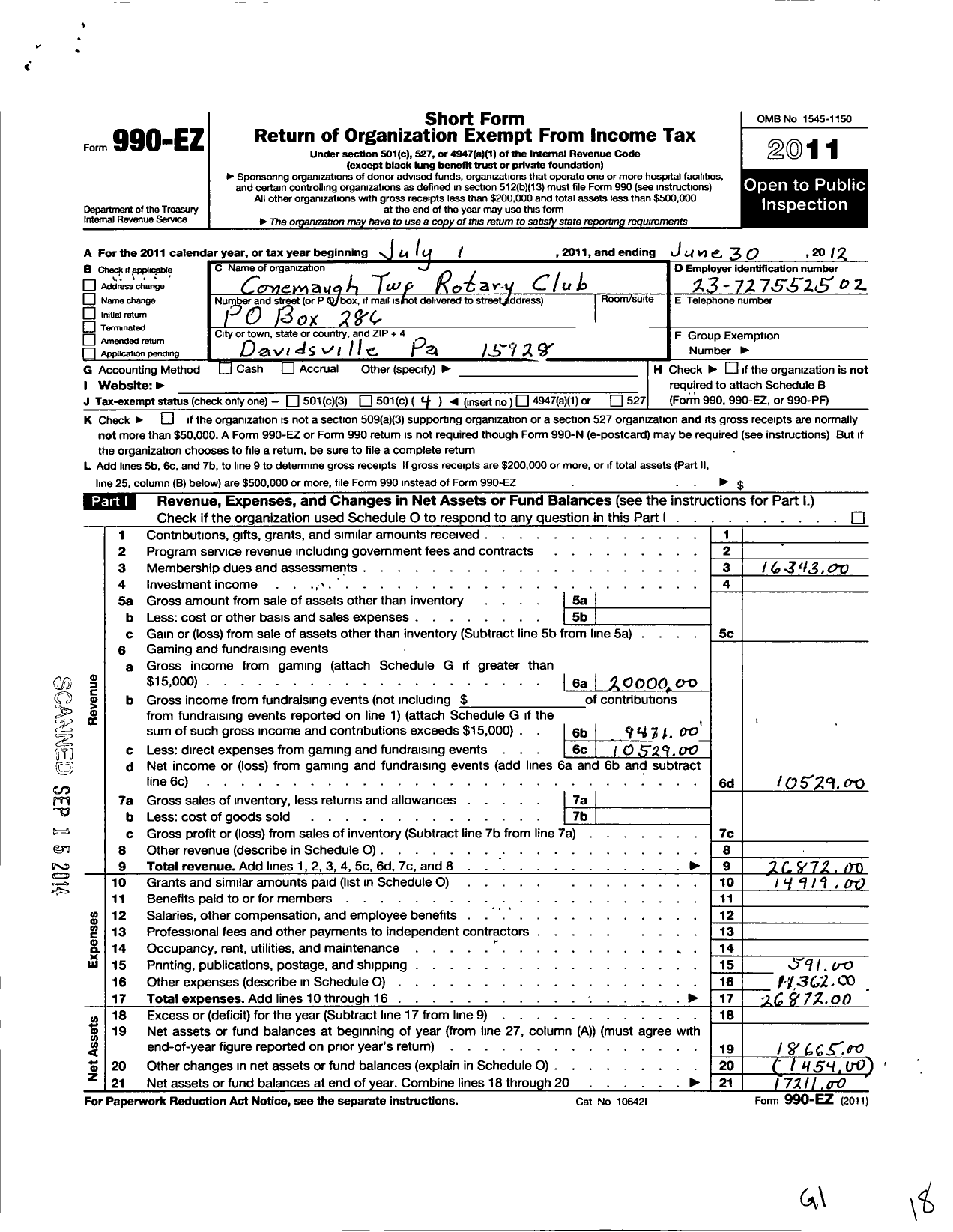 Image of first page of 2011 Form 990EO for Rotary Club of Conemaugh