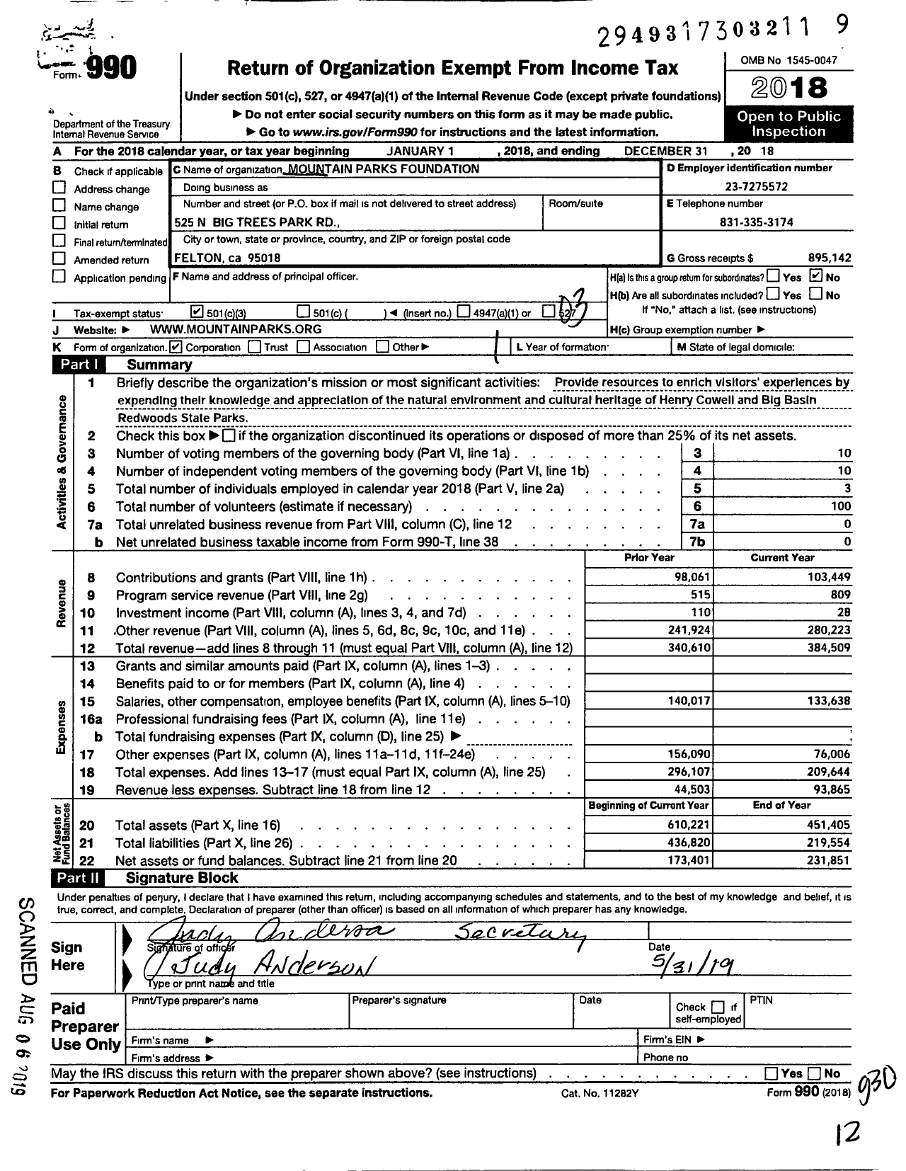 Image of first page of 2018 Form 990 for Mountain Parks Foundation