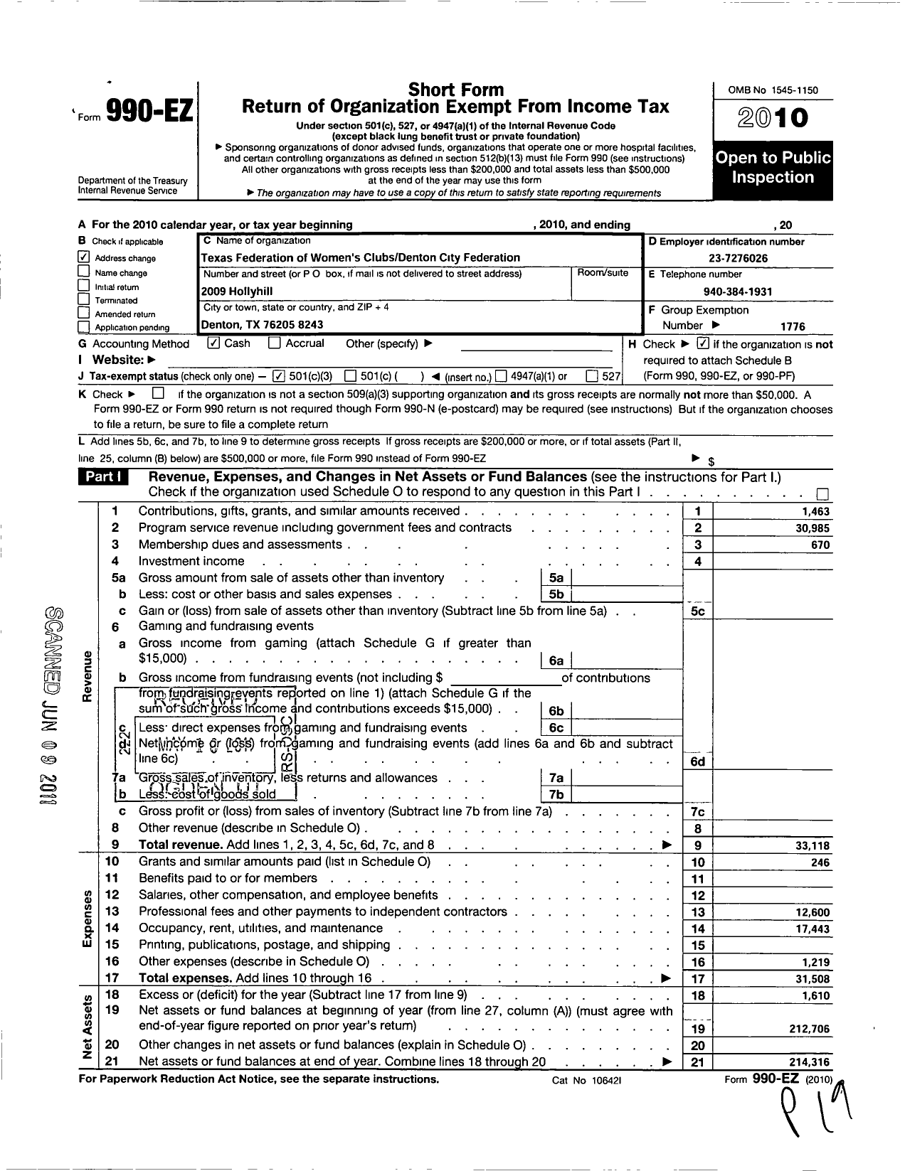 Image of first page of 2010 Form 990EZ for Texas Federation of Womens Clubs / Denton City Federation of Womens CL