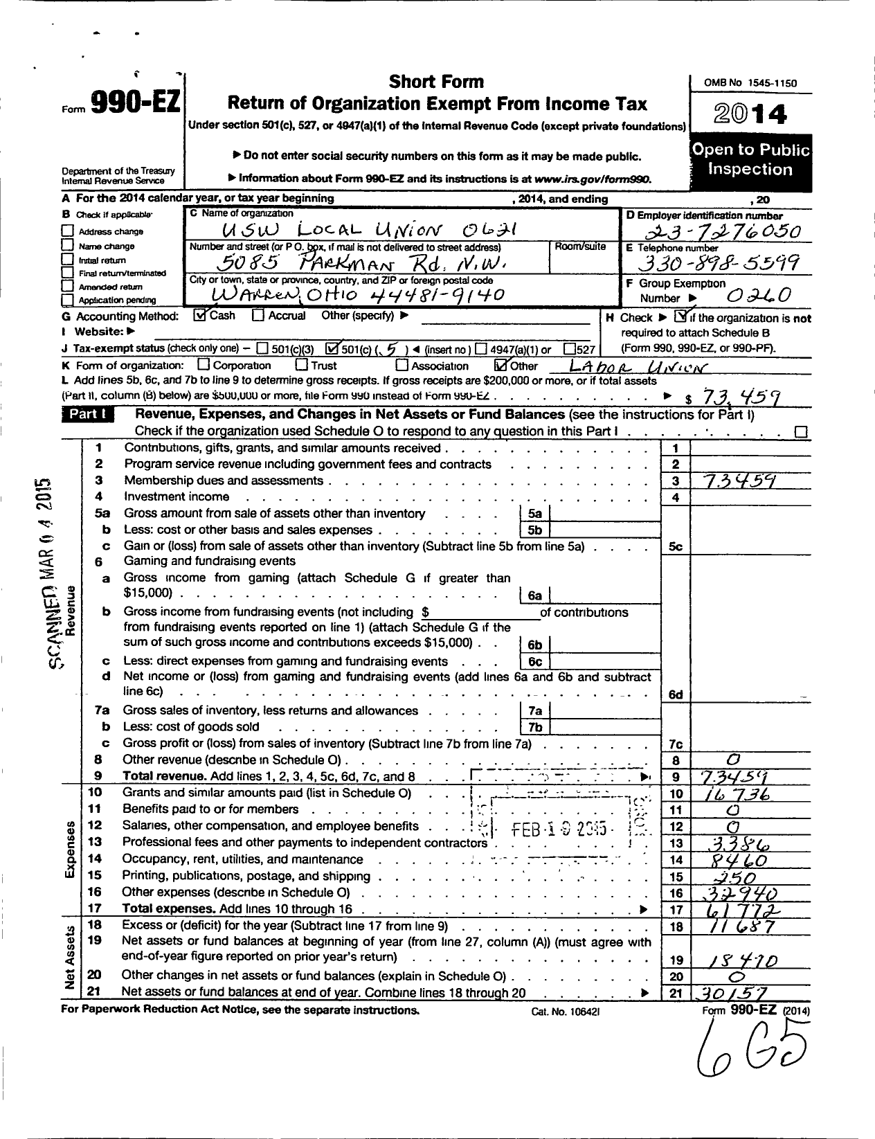 Image of first page of 2014 Form 990EO for United Steelworkers