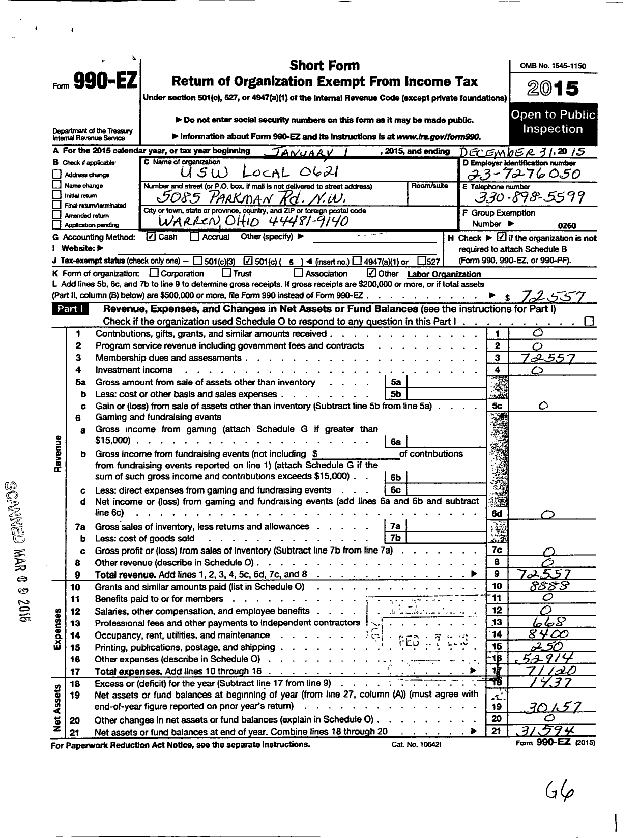 Image of first page of 2015 Form 990EO for United Steelworkers