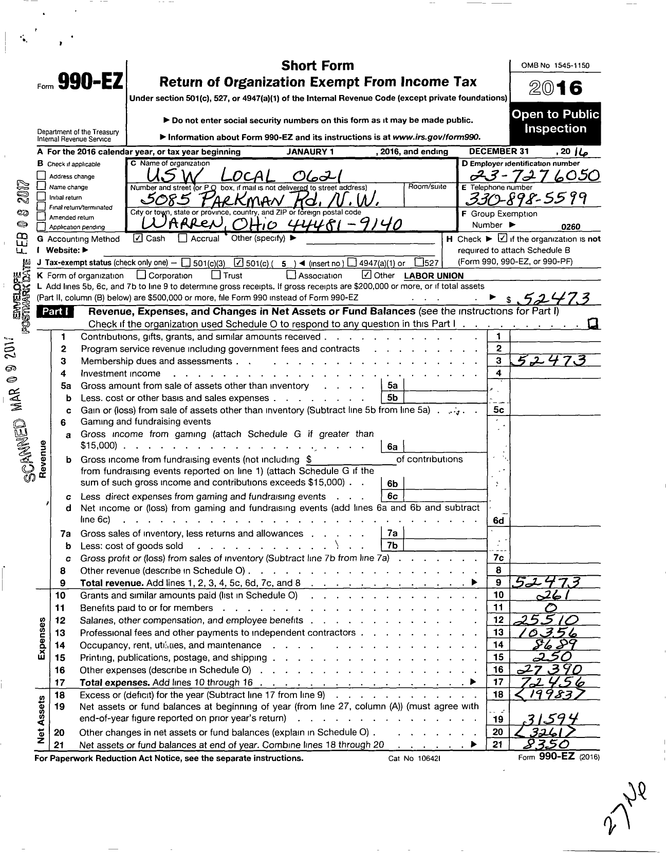 Image of first page of 2016 Form 990EO for United Steelworkers