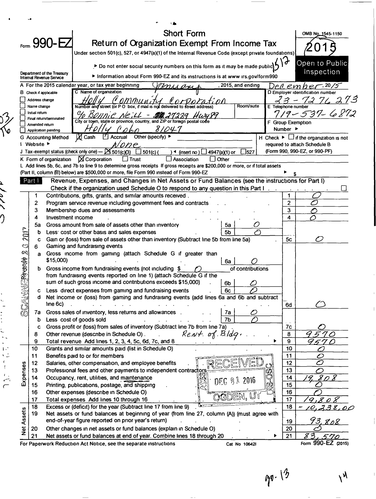 Image of first page of 2015 Form 990EZ for Holly Community Corporation